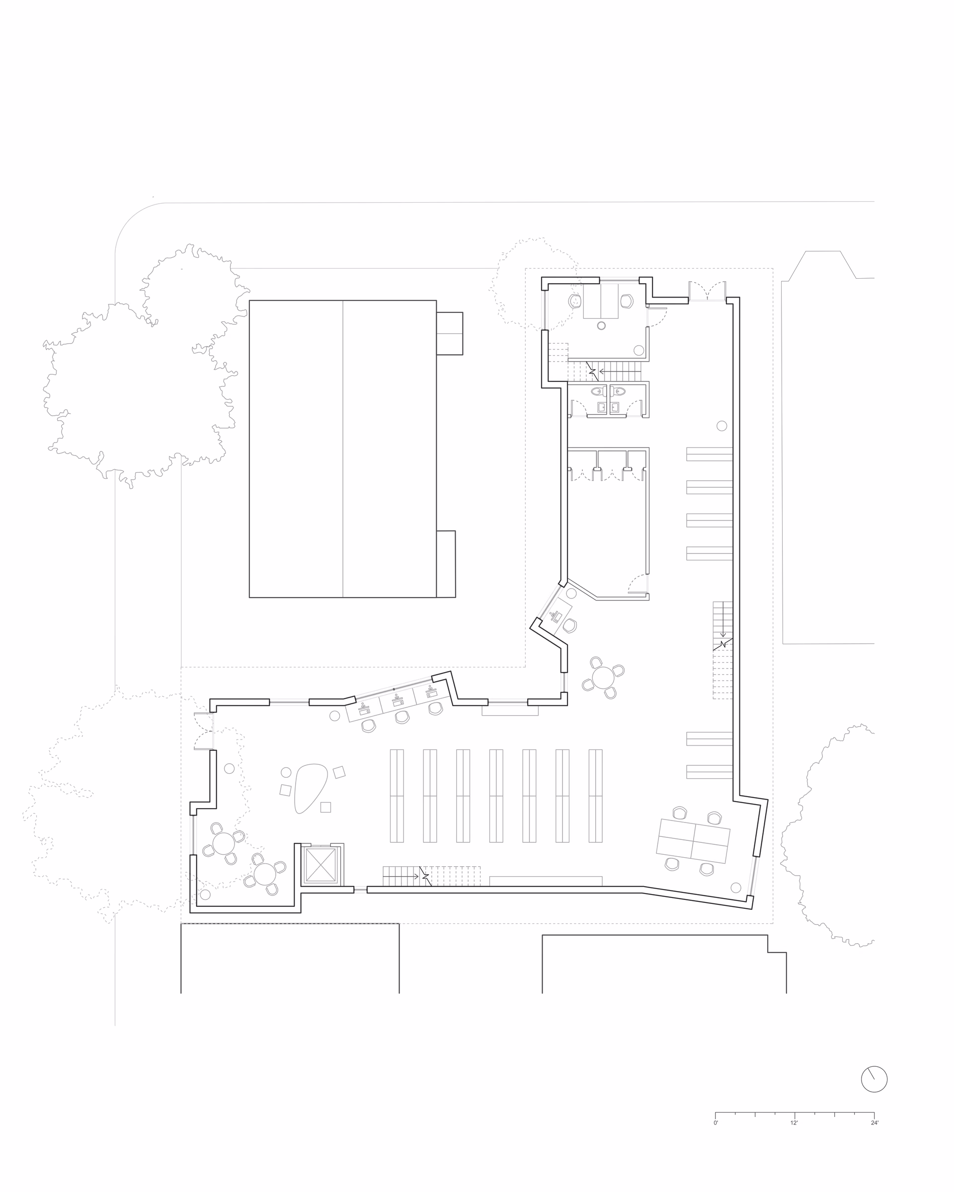 Lower-level floor plan of Sight Lines, showing rooms and circulation around the central open space.