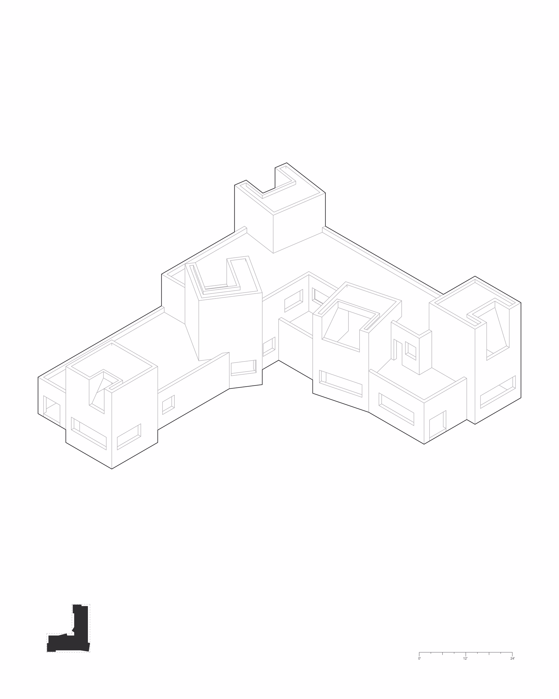 Isometric drawing of Sight Lines, showing the library’s interlocking volumes and open spaces.