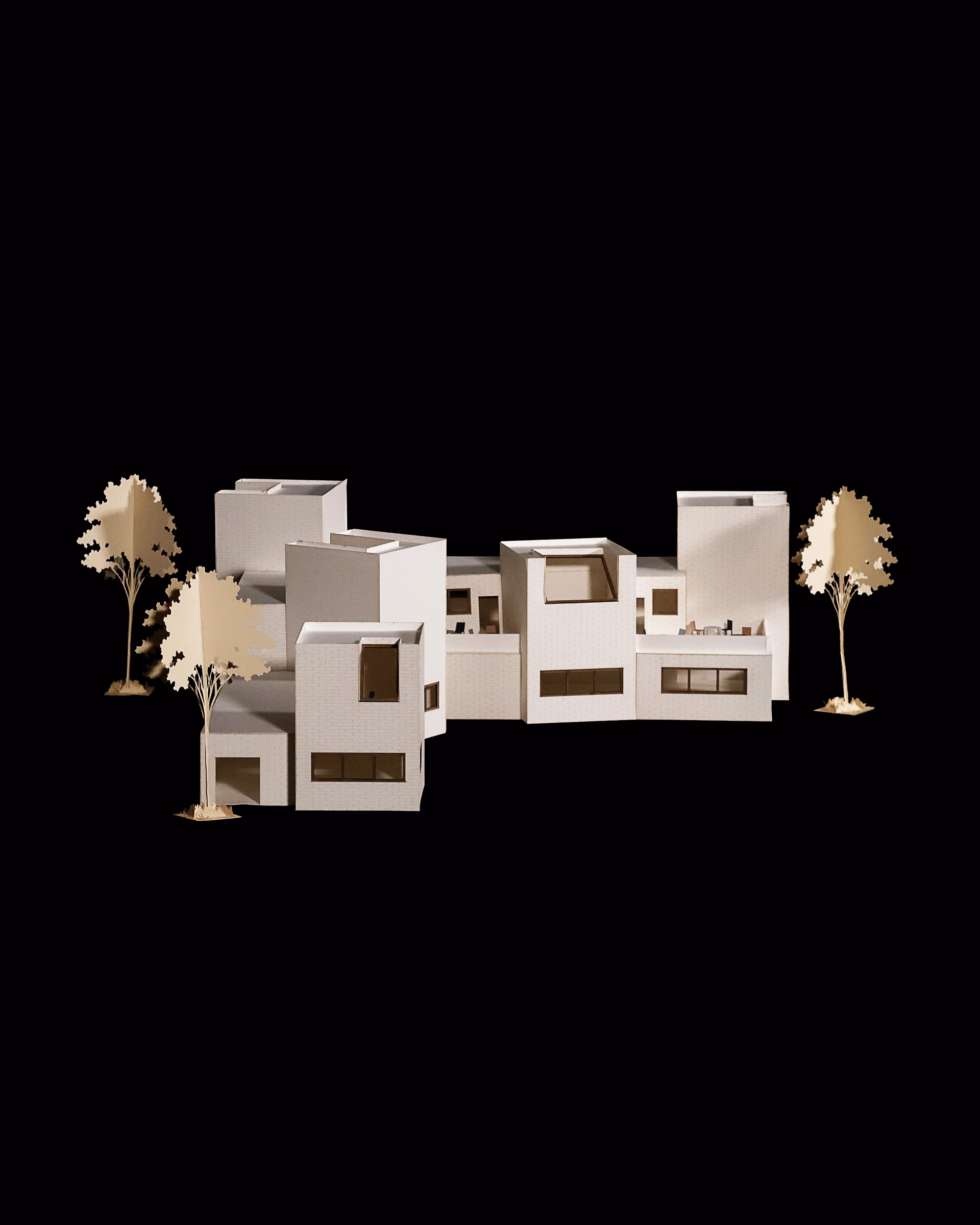 Front elevation of the Sight Lines model, showing staggered towers, windows and trees.