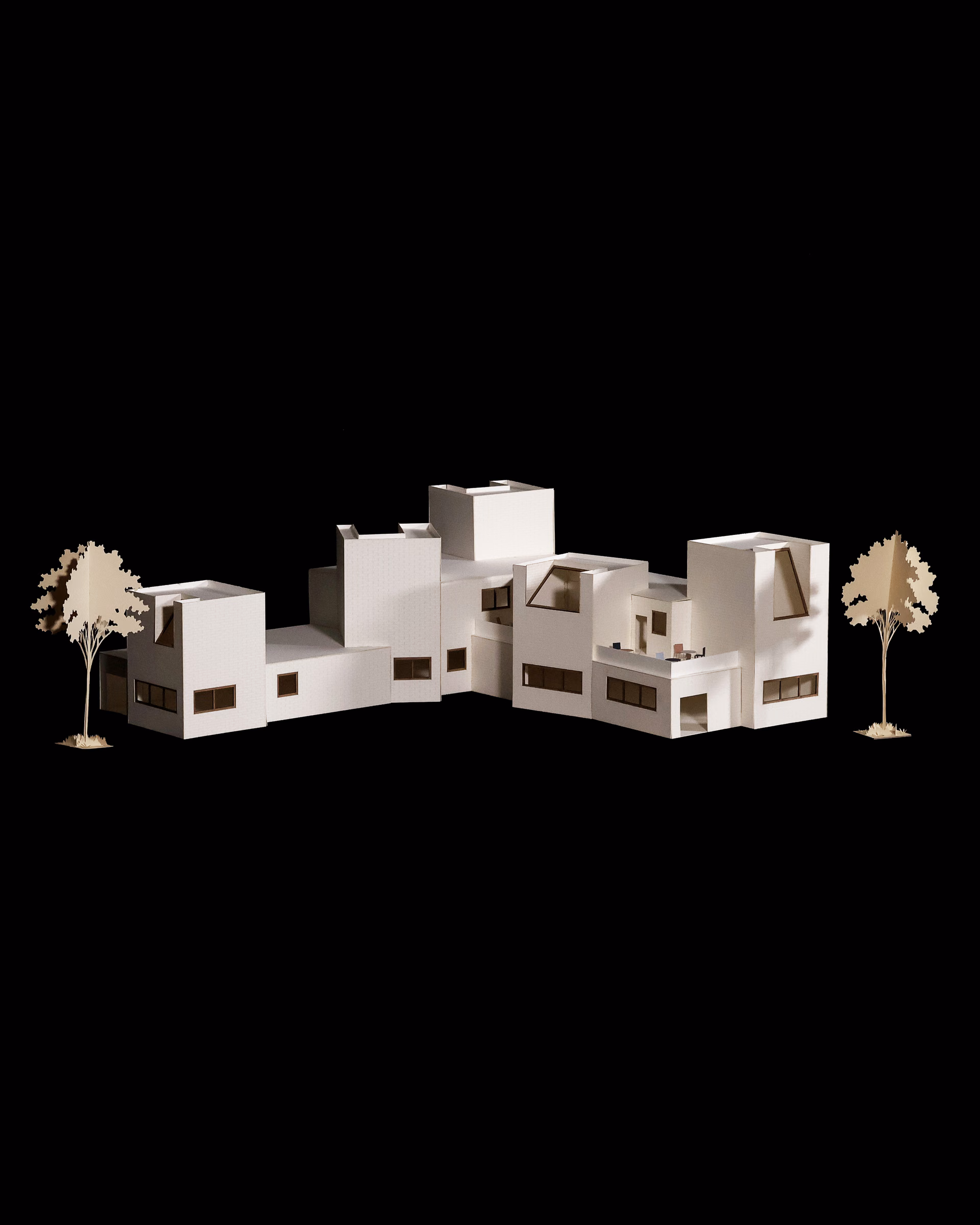 Northwest view of the Sight Lines model, showing the library’s irregular facade and framed openings.