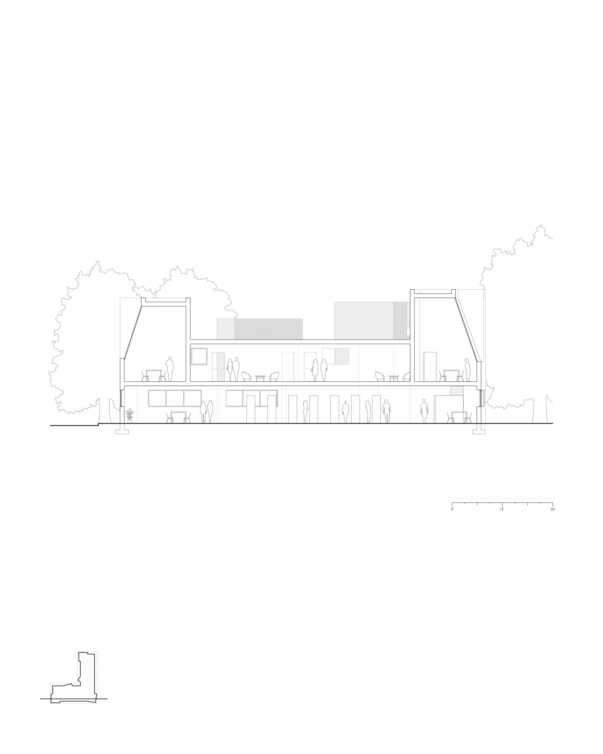 Section drawing through Sight Lines, showing varying roof heights and interior spaces.