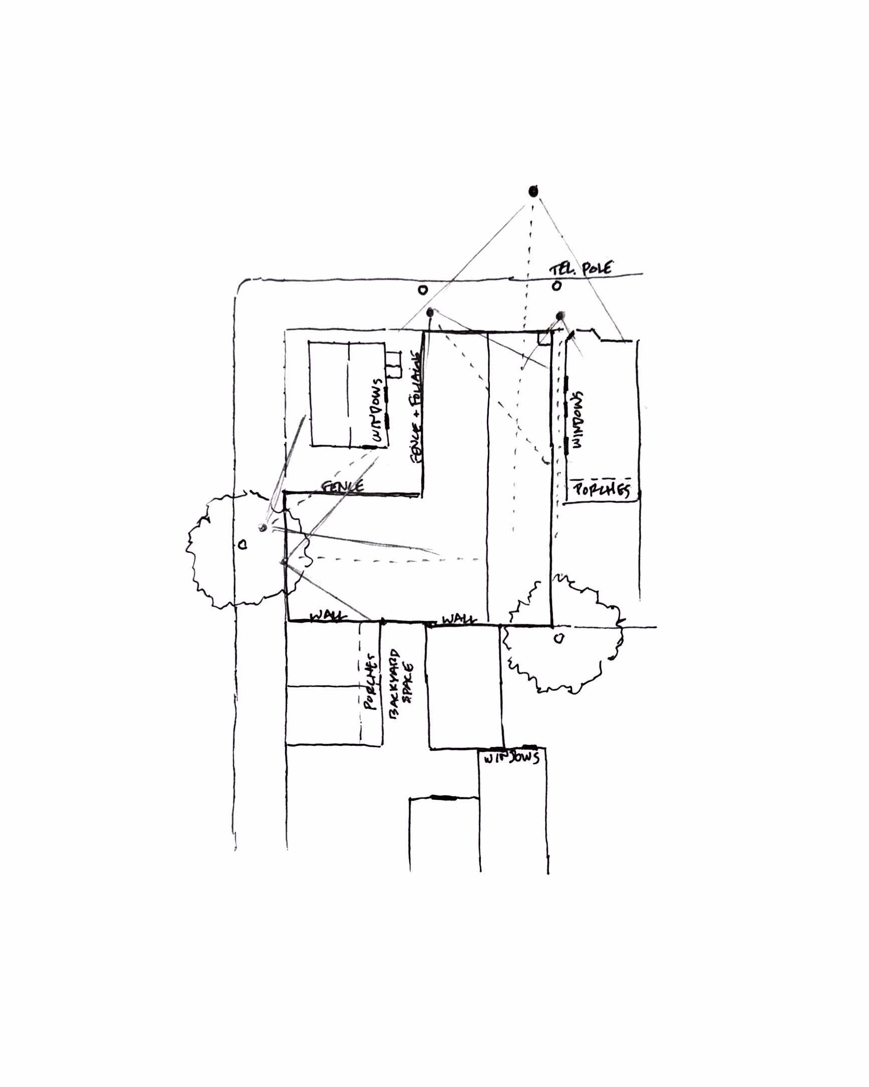 Hand-drawn Sight Lines design sketch exploring the building plan and sightline relationships.