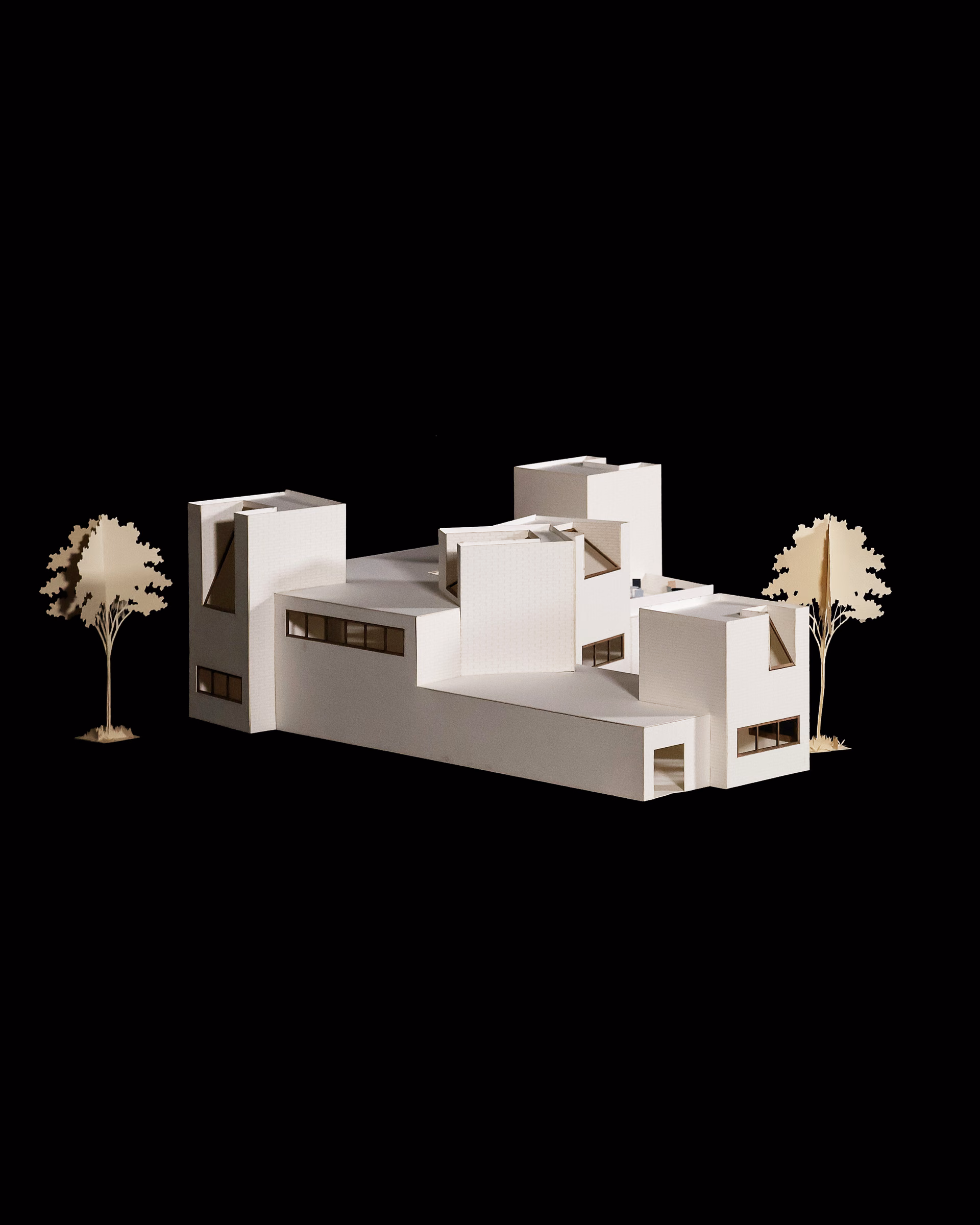Northeast view of the Sight Lines model, showing projecting volumes and varied roof heights.
