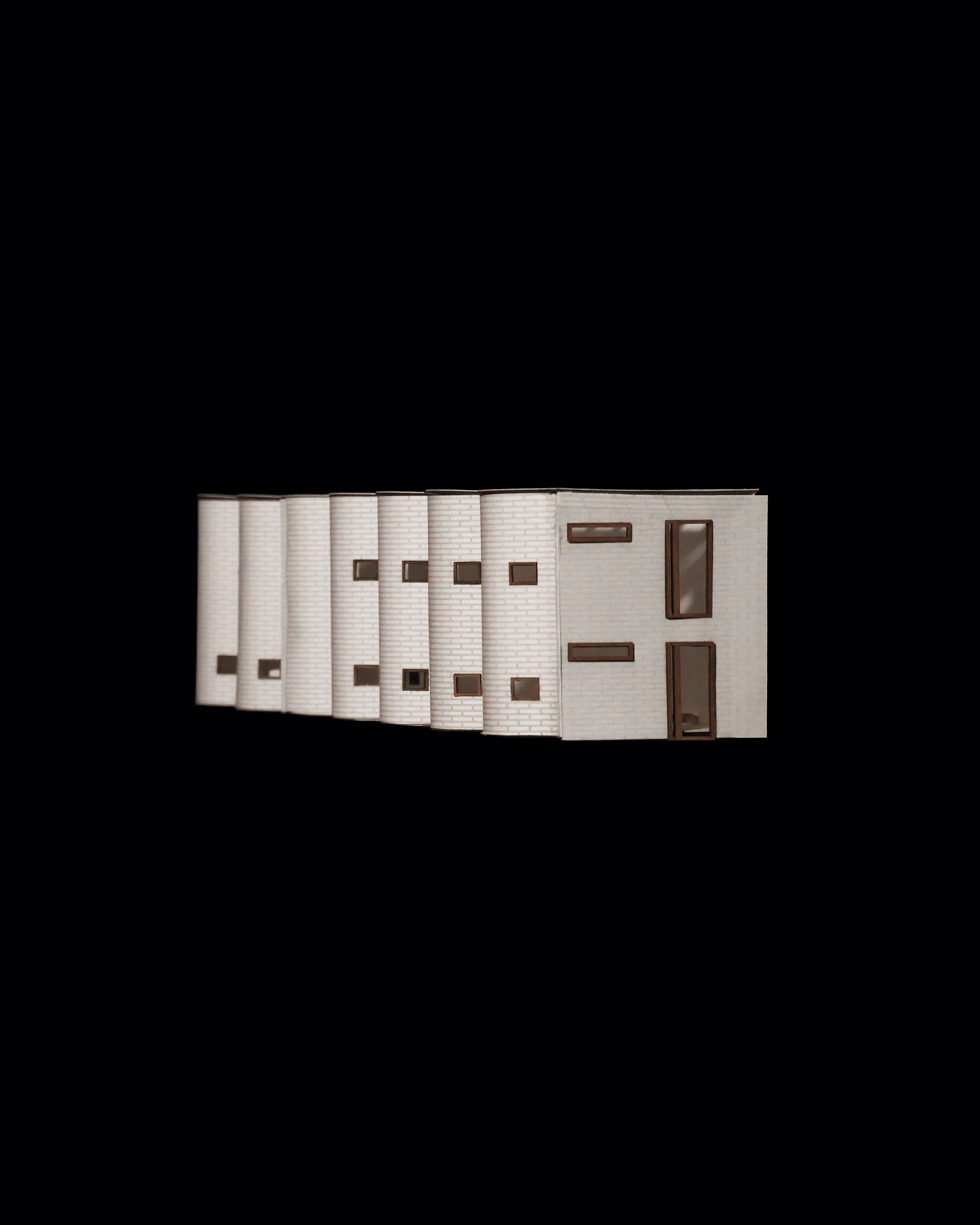Model view of Winborne Majette’s Access through Disruption, showing a white facade with repeated curved bays and rectangular openings.