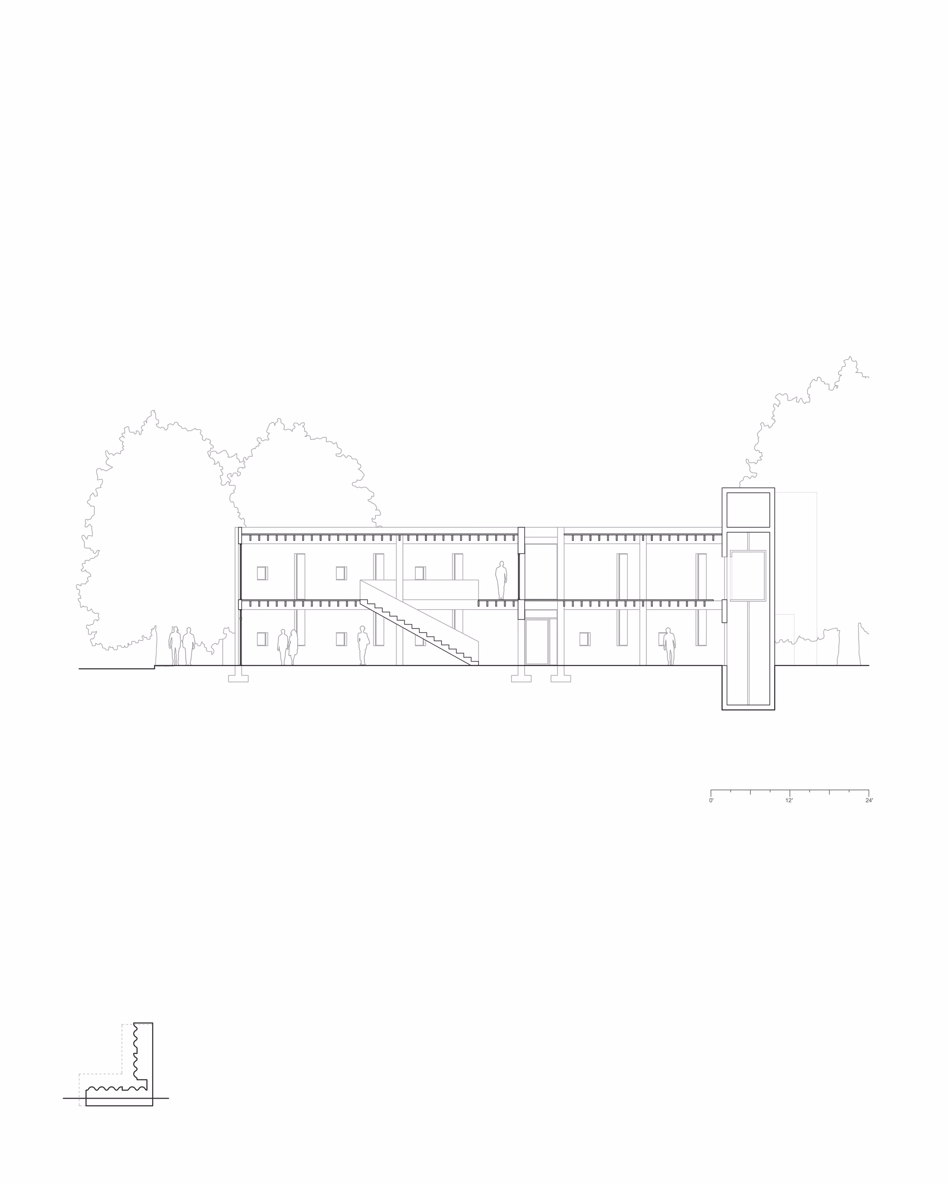 Section drawing through Access through Disruption, showing interior levels and the surrounding site.