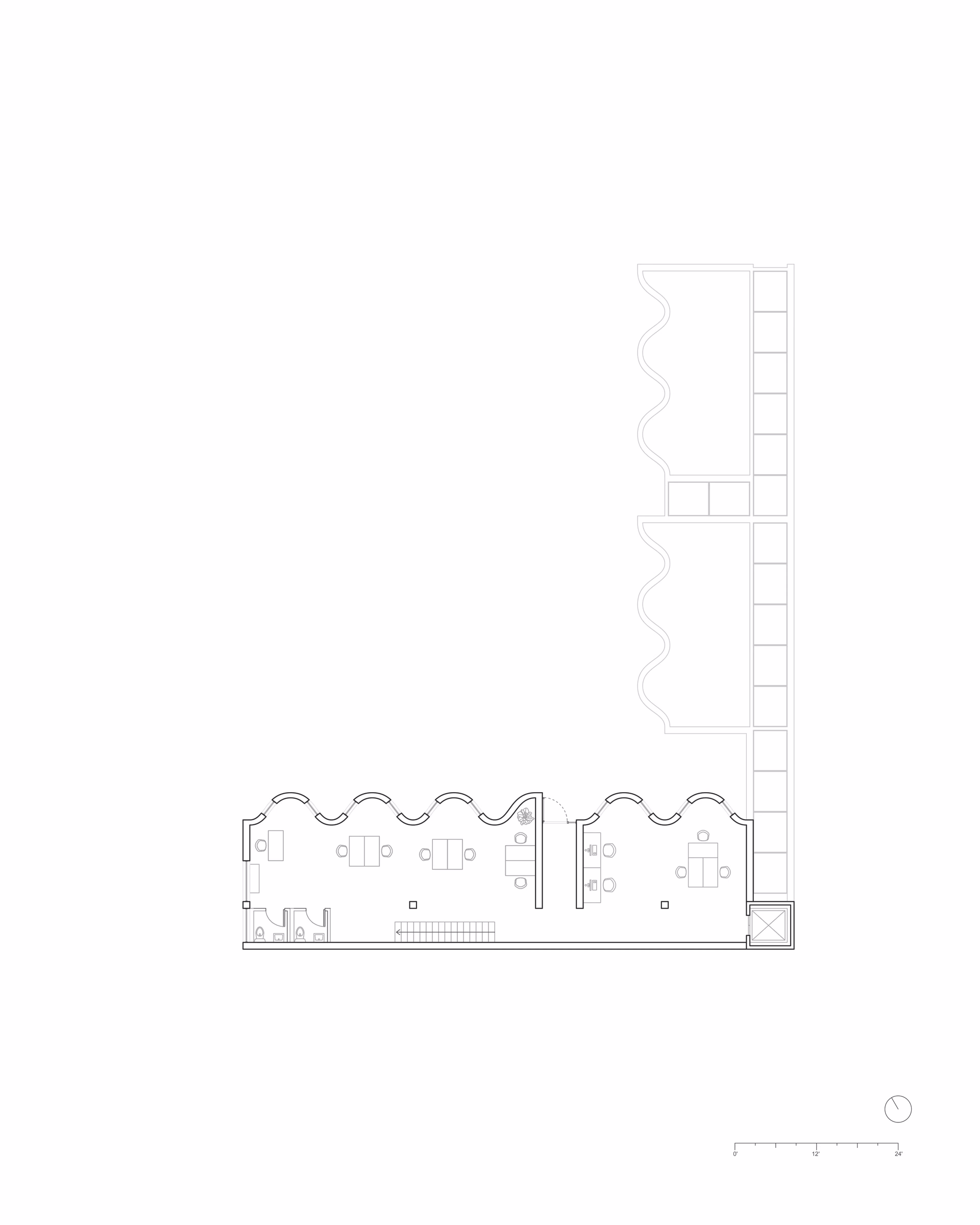 Upper-level floor plan of Access through Disruption, showing the arrangement of curved spaces.