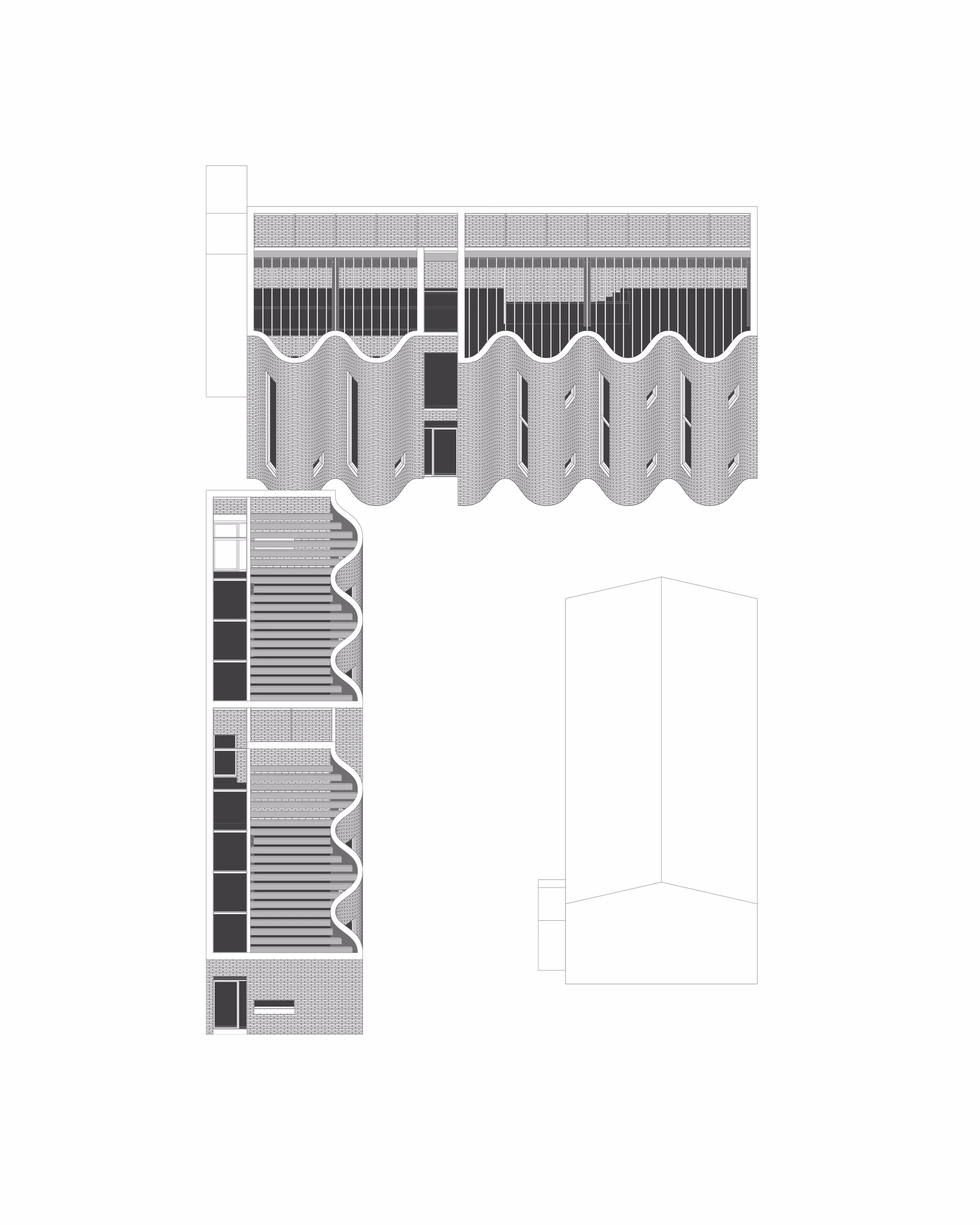 Oblique drawing of Access through Disruption, showing repeated curved rooms along an L-shaped plan.