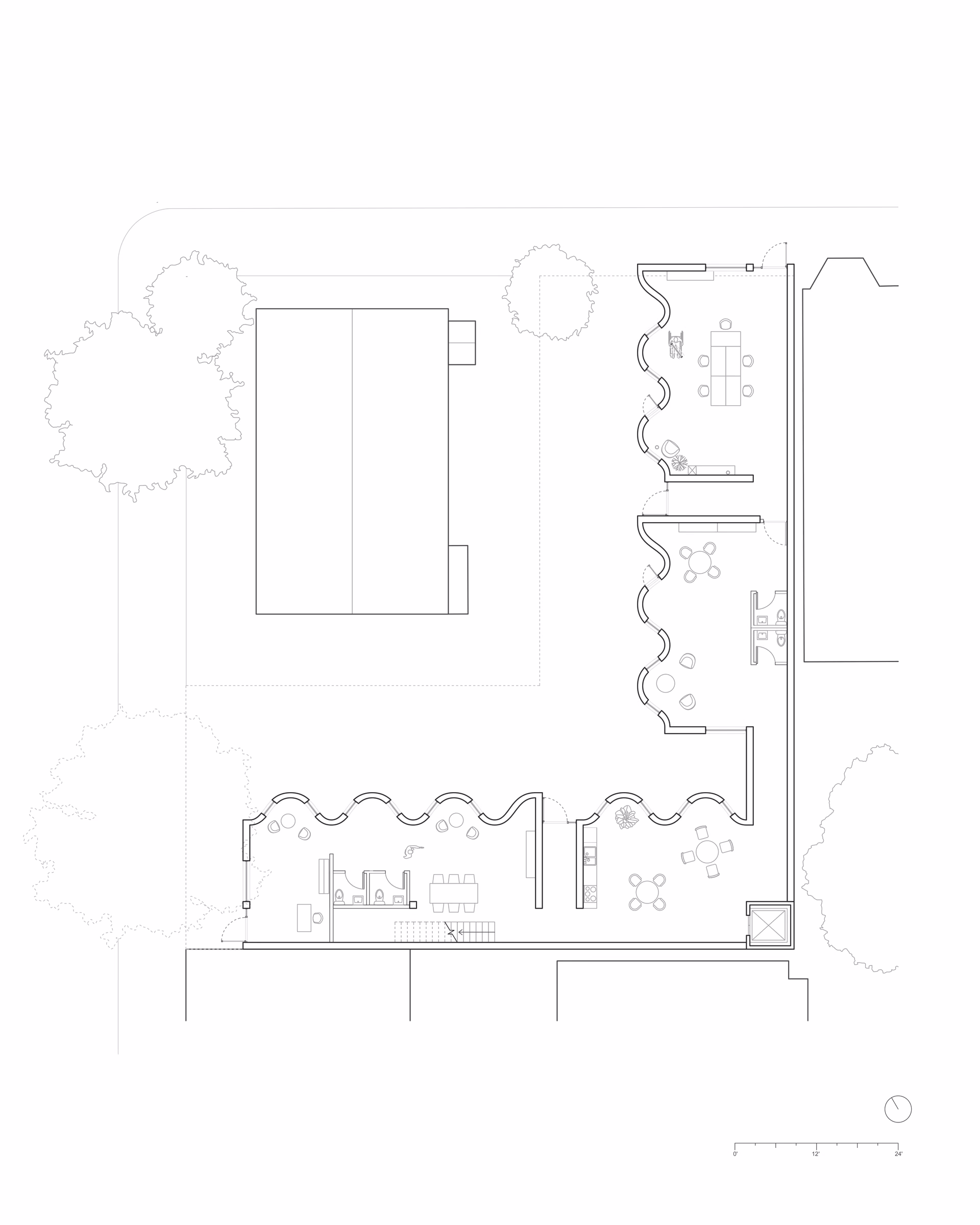 Lower-level floor plan of Access through Disruption, showing circulation and curved room boundaries.
