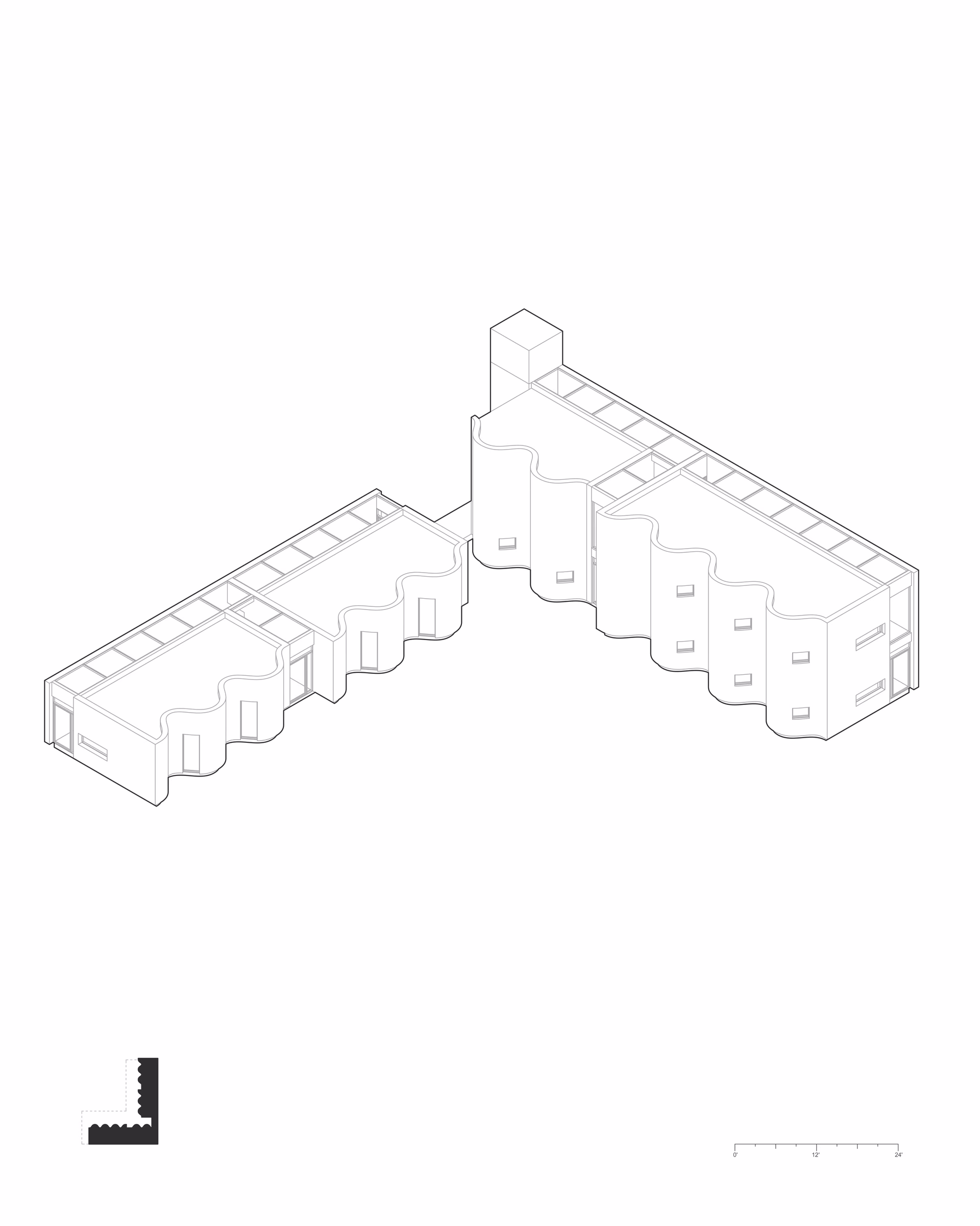 Isometric drawing of Access through Disruption, showing two wings connected around an open corner.