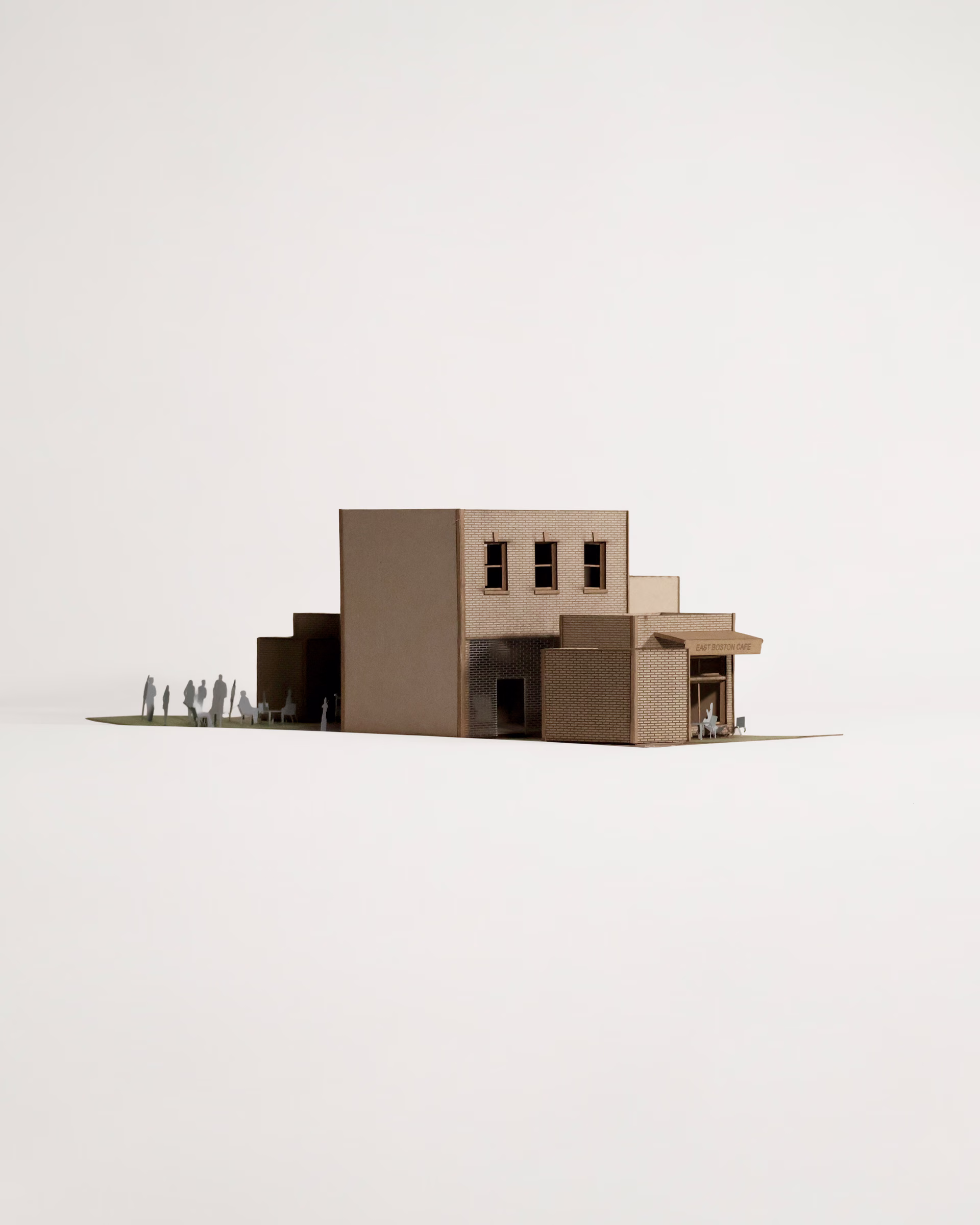Alternate perspective of The Audio Alcove model, showing its stepped massing and small window openings.
