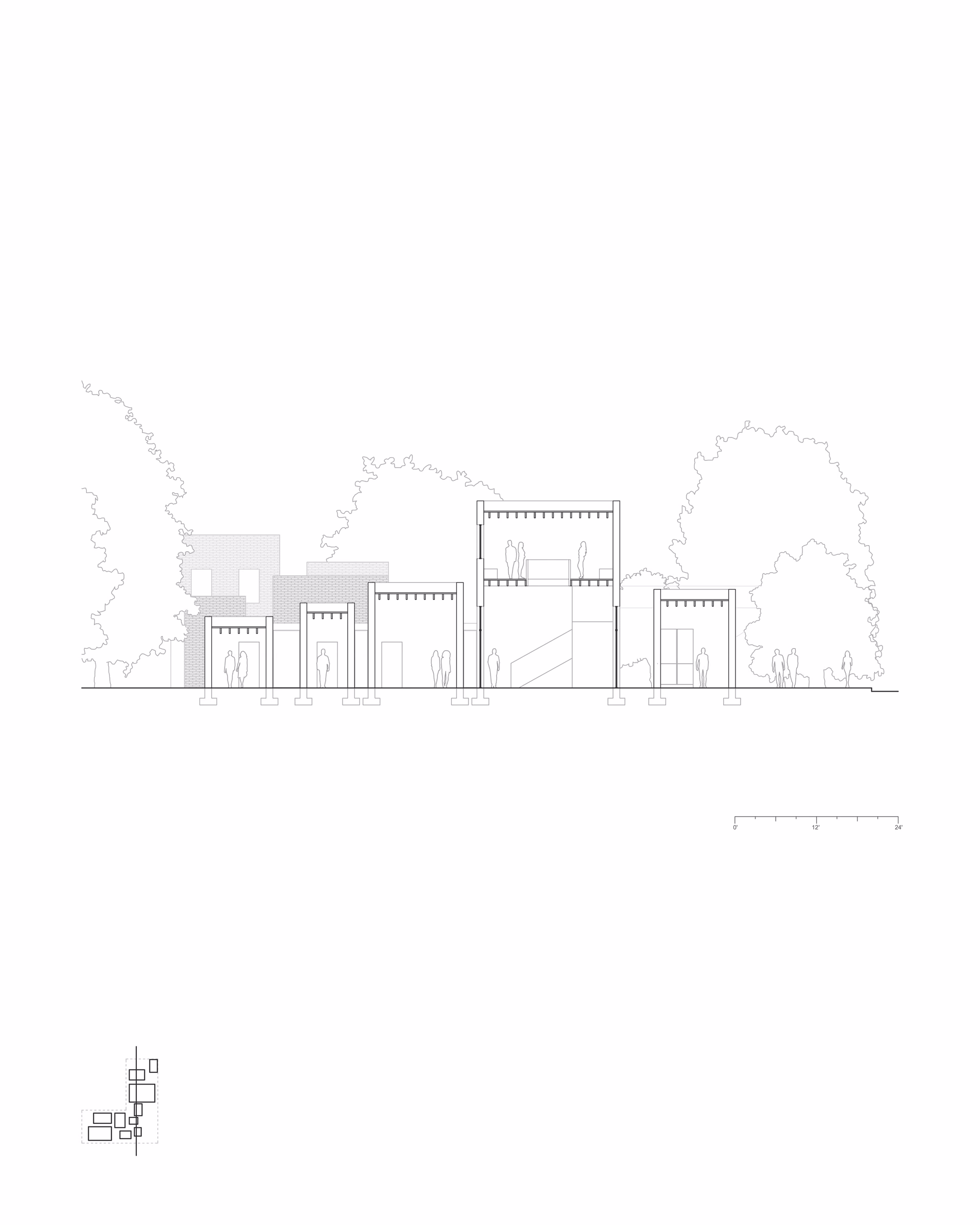 Section drawing through The Audio Alcove, showing the relationship between taller and lower spaces.