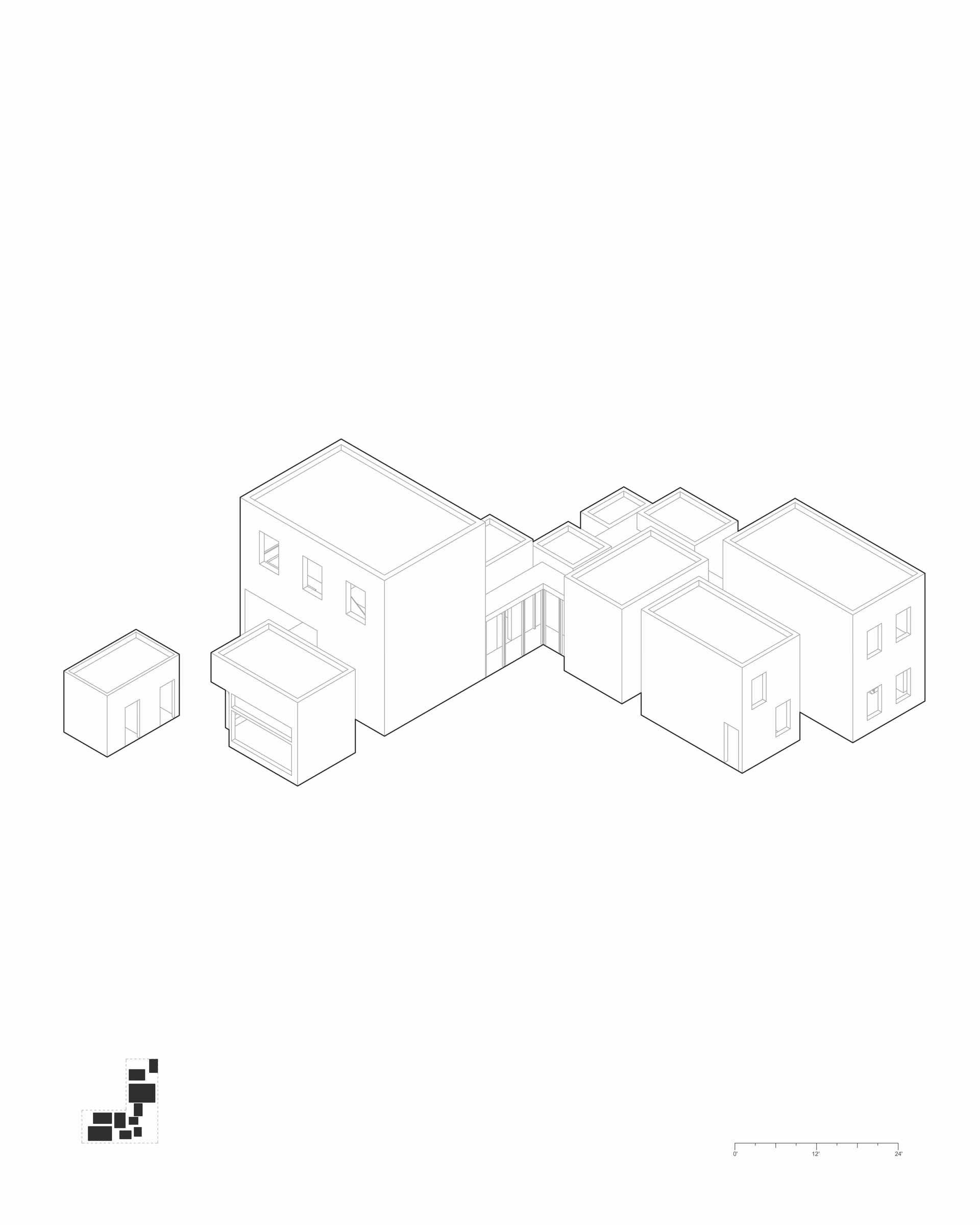 Isometric drawing of The Audio Alcove, showing the arrangement of interlocking building volumes.