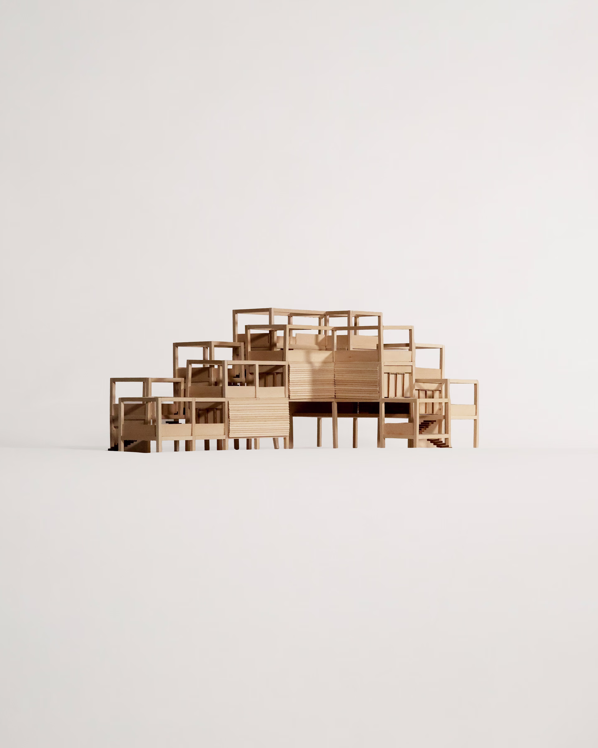 Front oblique view of the Cascading Terraces model, showing the layered facade and exposed timber frame.