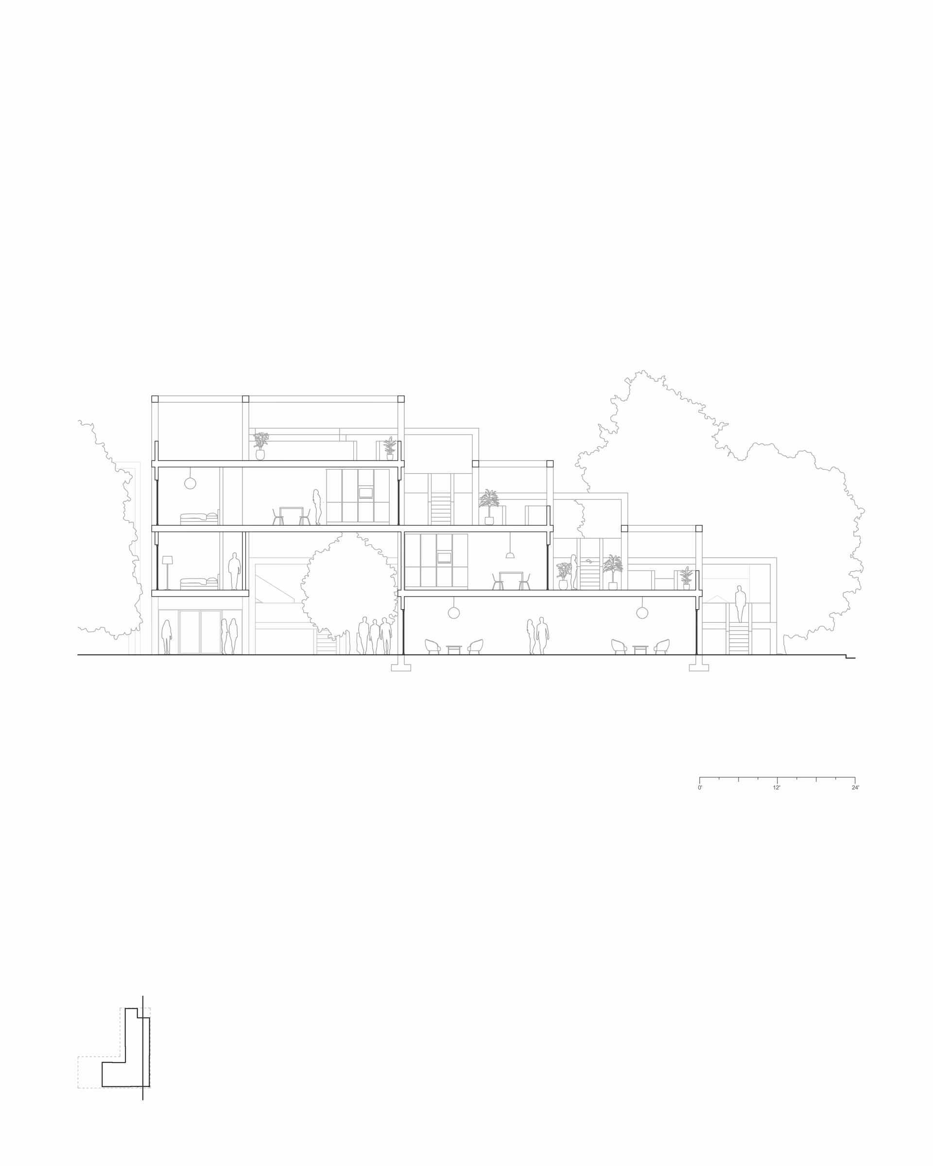 Section drawing through Cascading Terraces, showing stacked levels and connections between platforms.