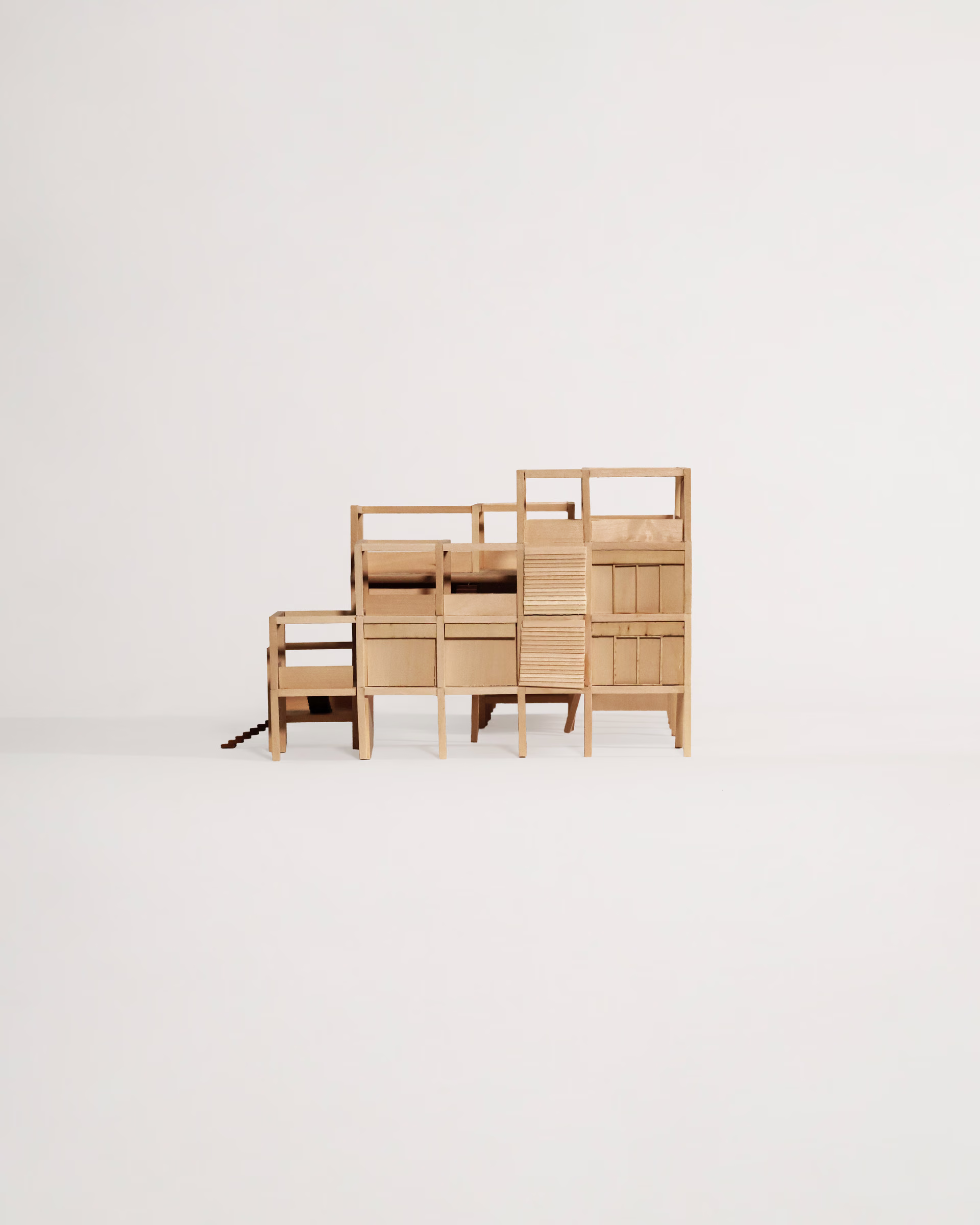 Side elevation of the Cascading Terraces model, showing stacked wall panels and open frames above.