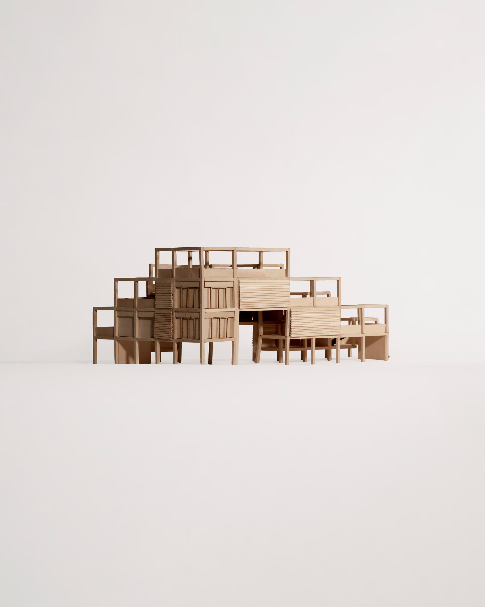 Alternate oblique view of the Cascading Terraces model, showing platforms stepping down from the taller block.