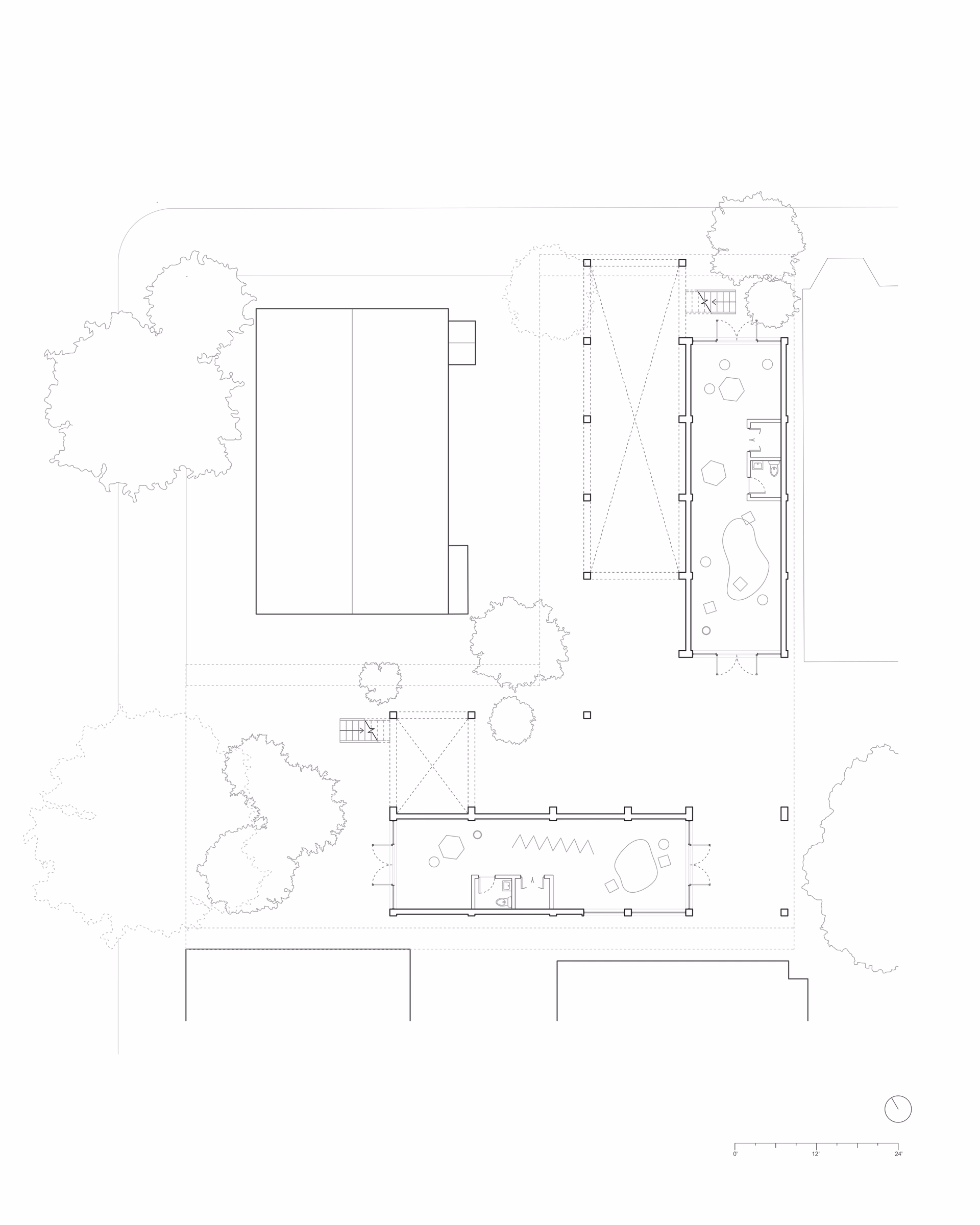 Lower-level floor plan of Cascading Terraces, showing rooms and circulation within the stepped building.