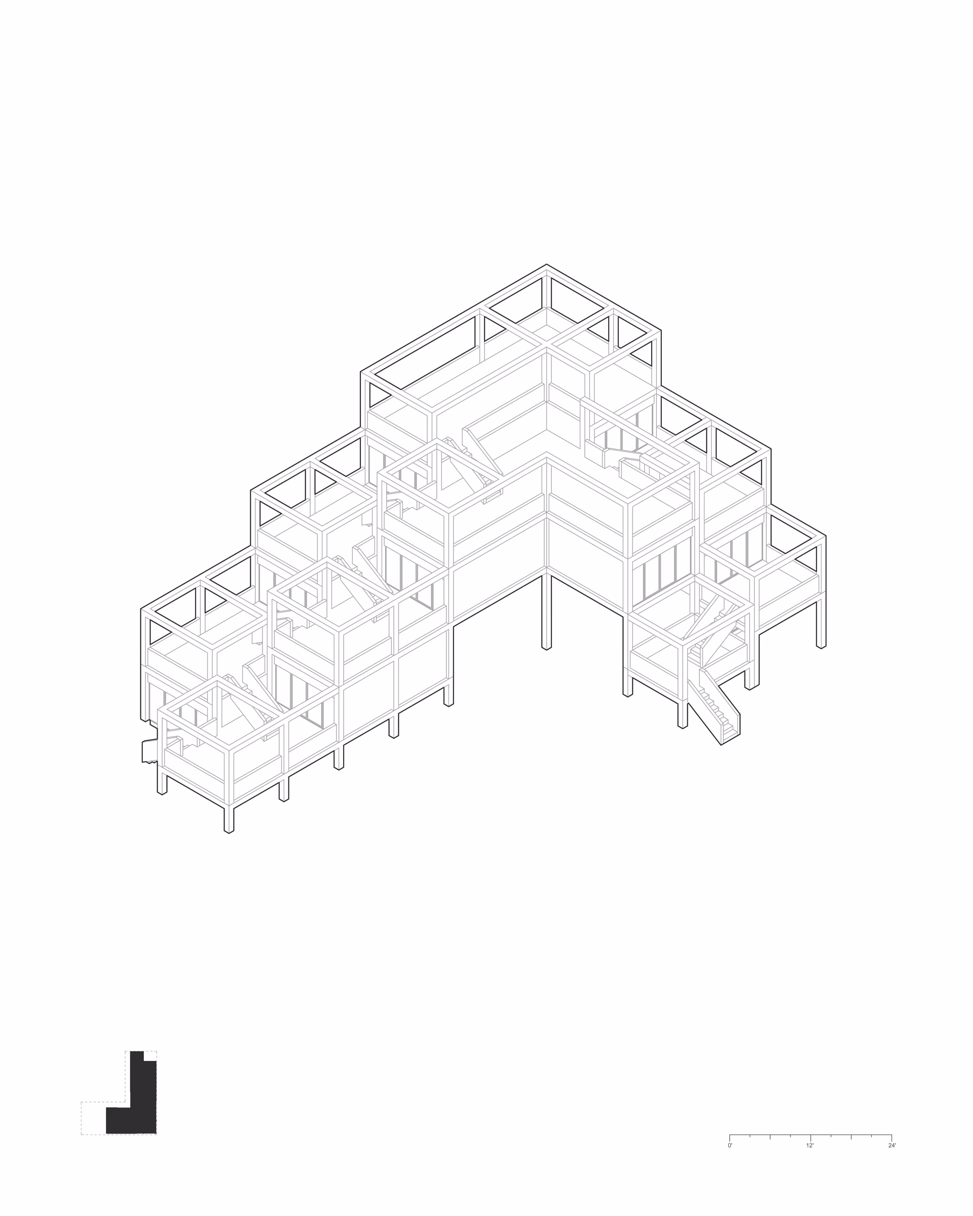 Isometric drawing of Cascading Terraces, showing the layered structure and connected outdoor platforms.