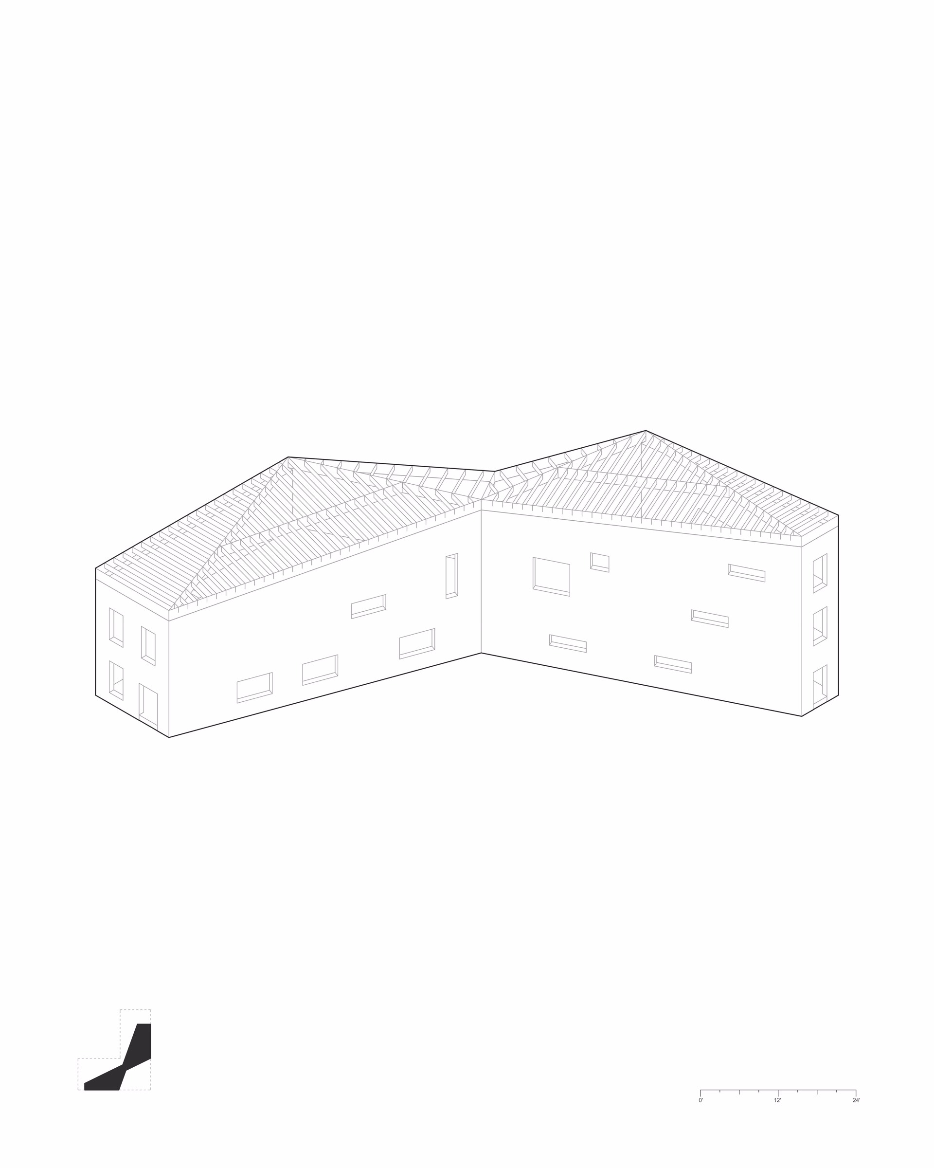Isometric drawing of Spatial Transitions, showing the angled building form and sloping roof.