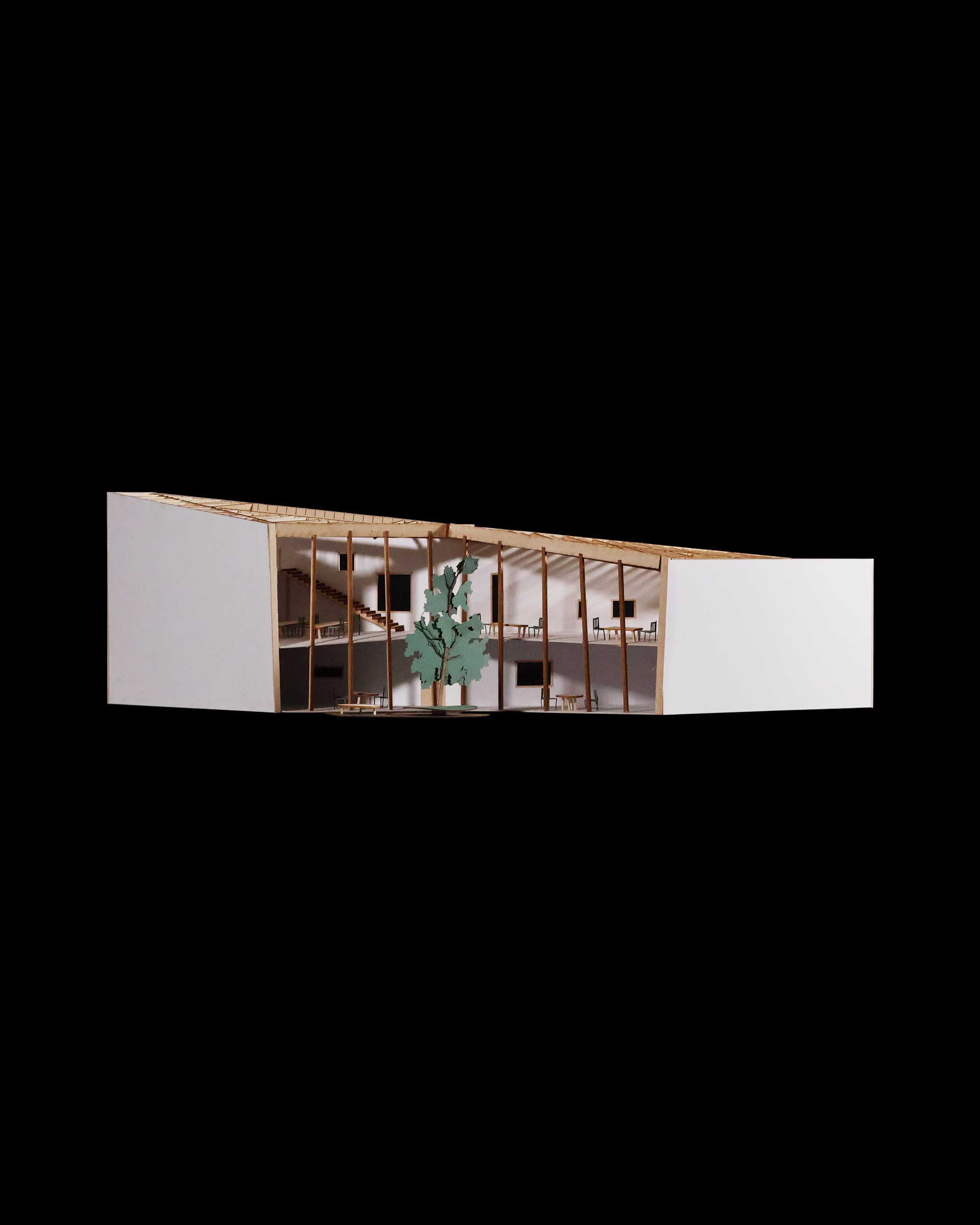 Rear elevation of the Spatial Transitions model, showing an open central timber structure between white walls.