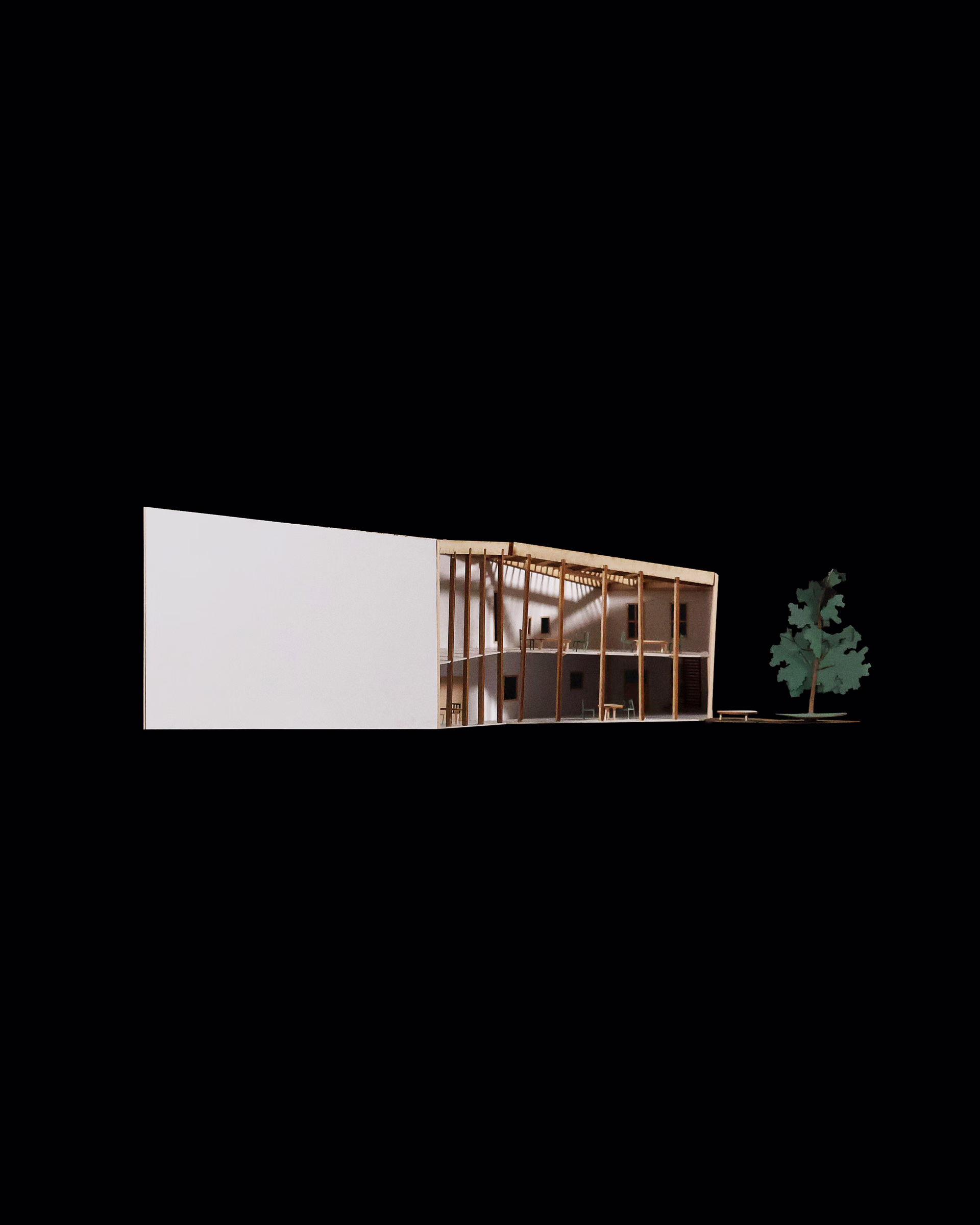 Rear view of the Spatial Transitions model, showing the timber-framed opening beside a courtyard tree.
