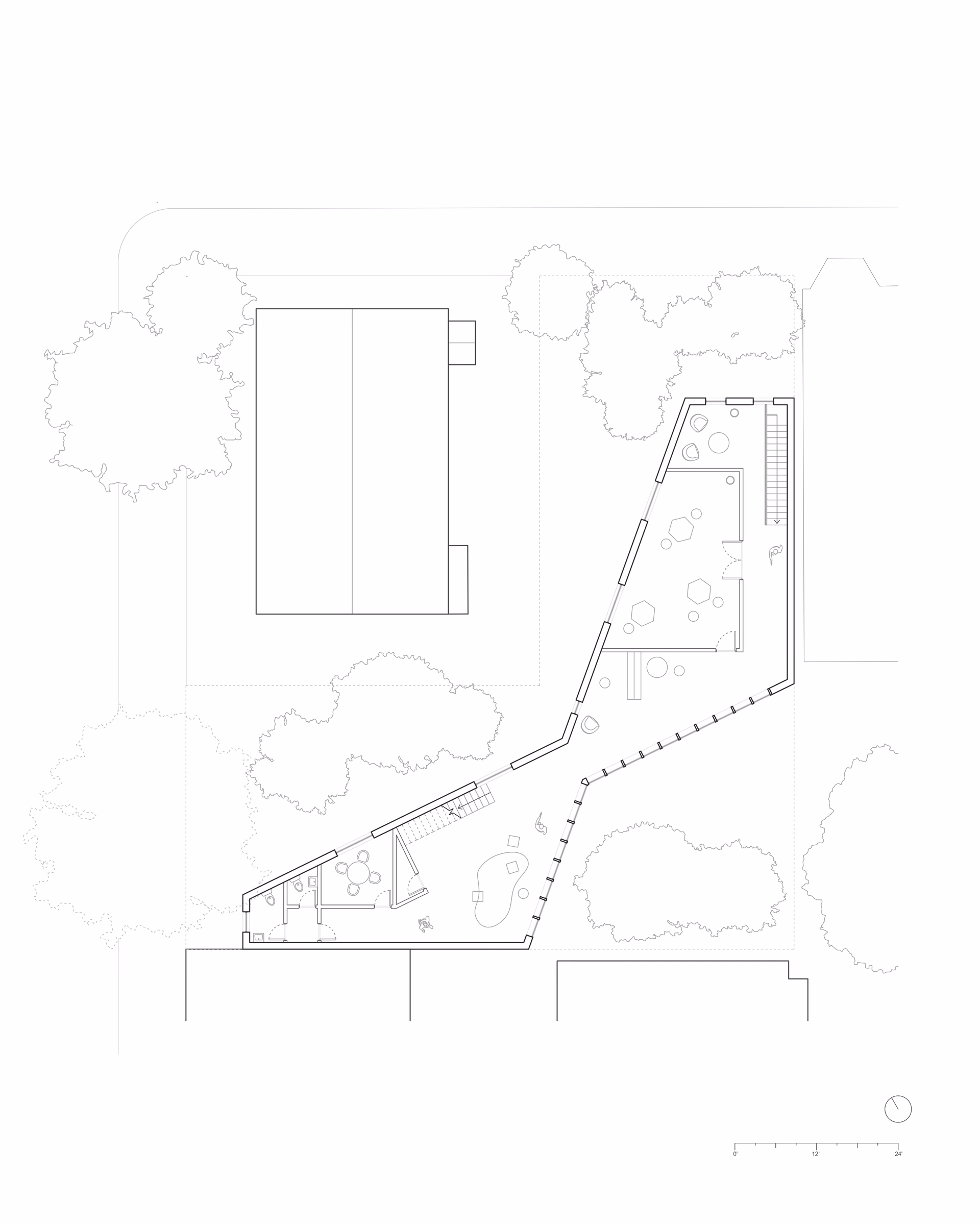 Upper-level floor plan of Spatial Transitions, showing the angled circulation route and adjoining spaces.