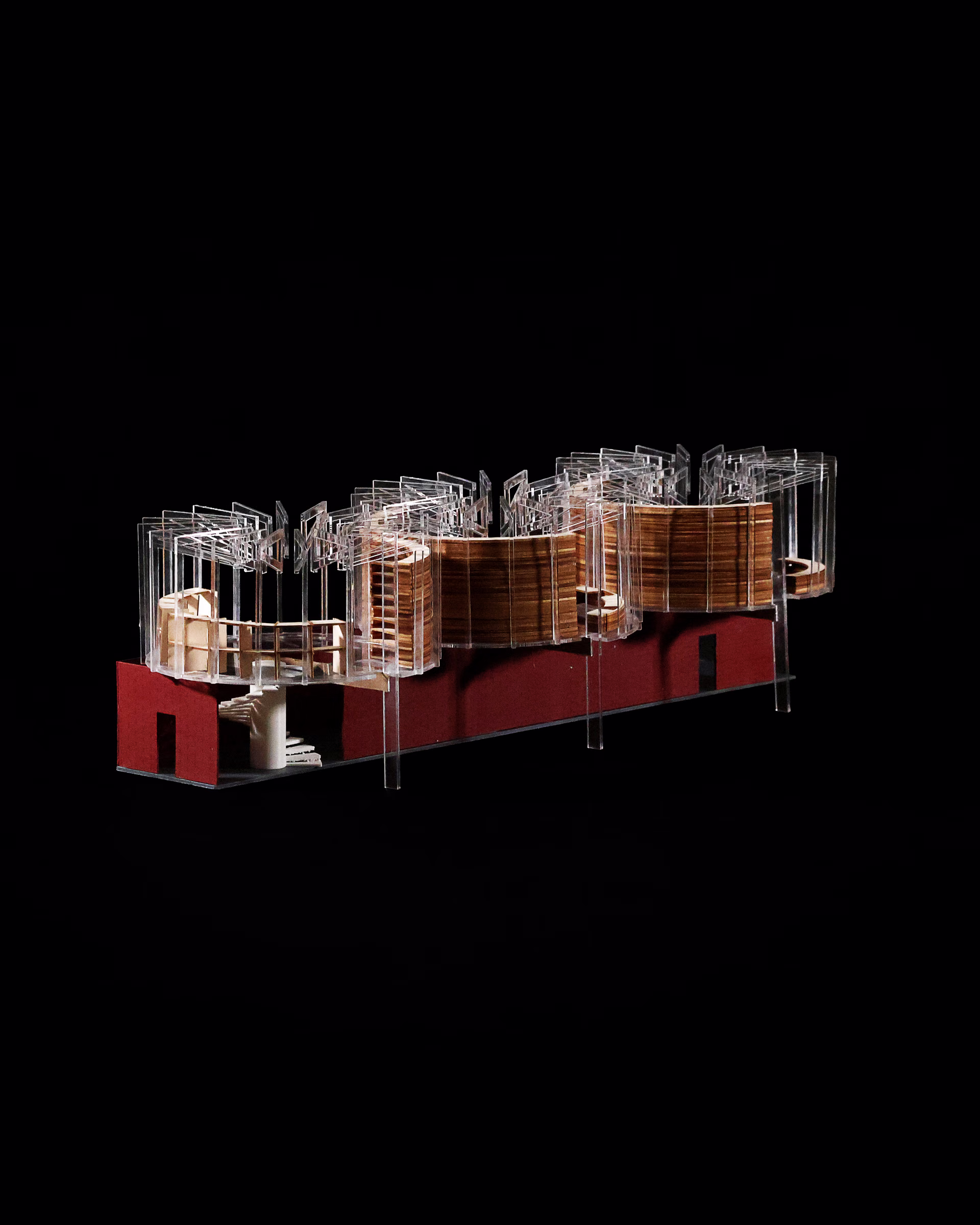Perspective model of Jacob Tannen’s East Boston Reading Room, with three circular timber-and-glass rooms above a brick base.