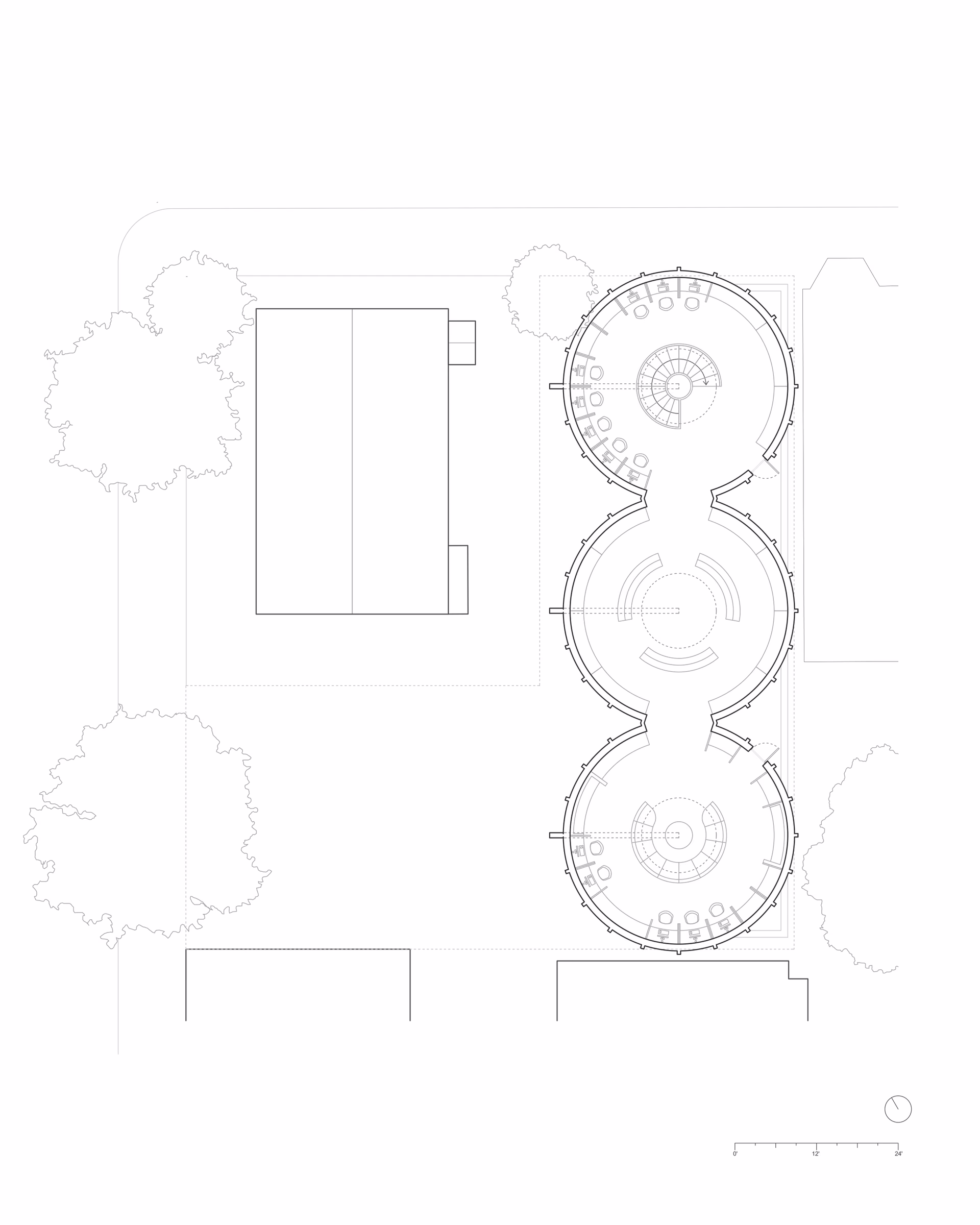 Upper-level floor plan of the East Boston Reading Room, showing three circular reading spaces.