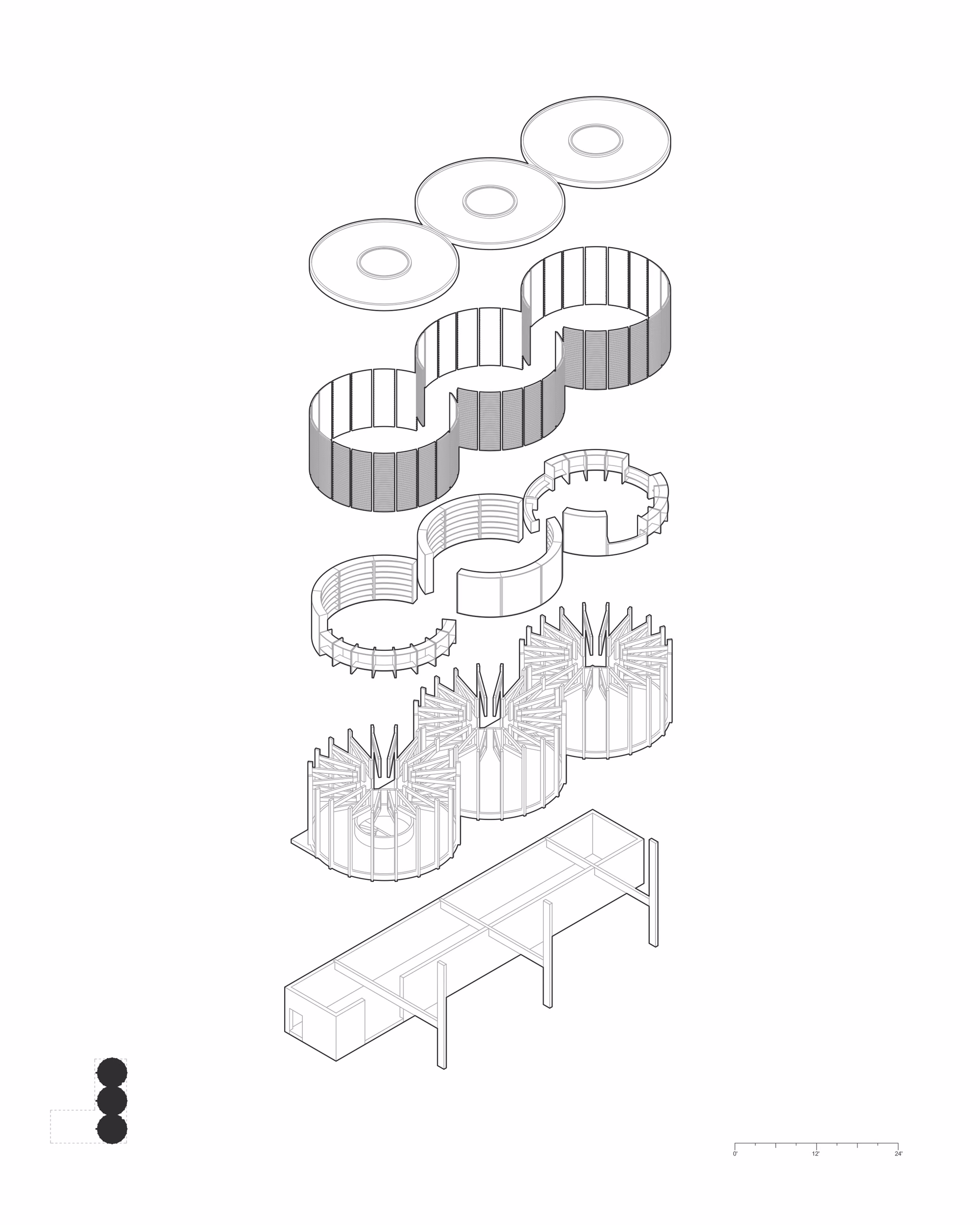 Exploded isometric drawing of the East Boston Reading Room, separating the circular roofs, reading rooms and supporting structure.