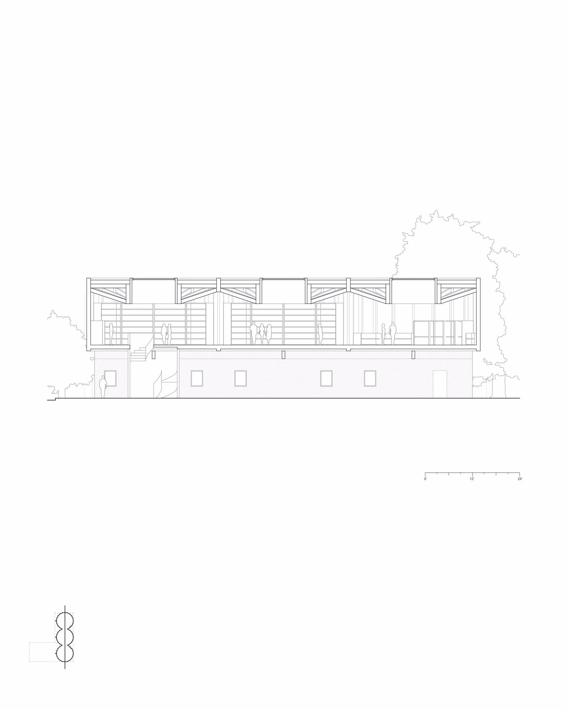 Section drawing through the East Boston Reading Room, showing the reading spaces above the existing structure.