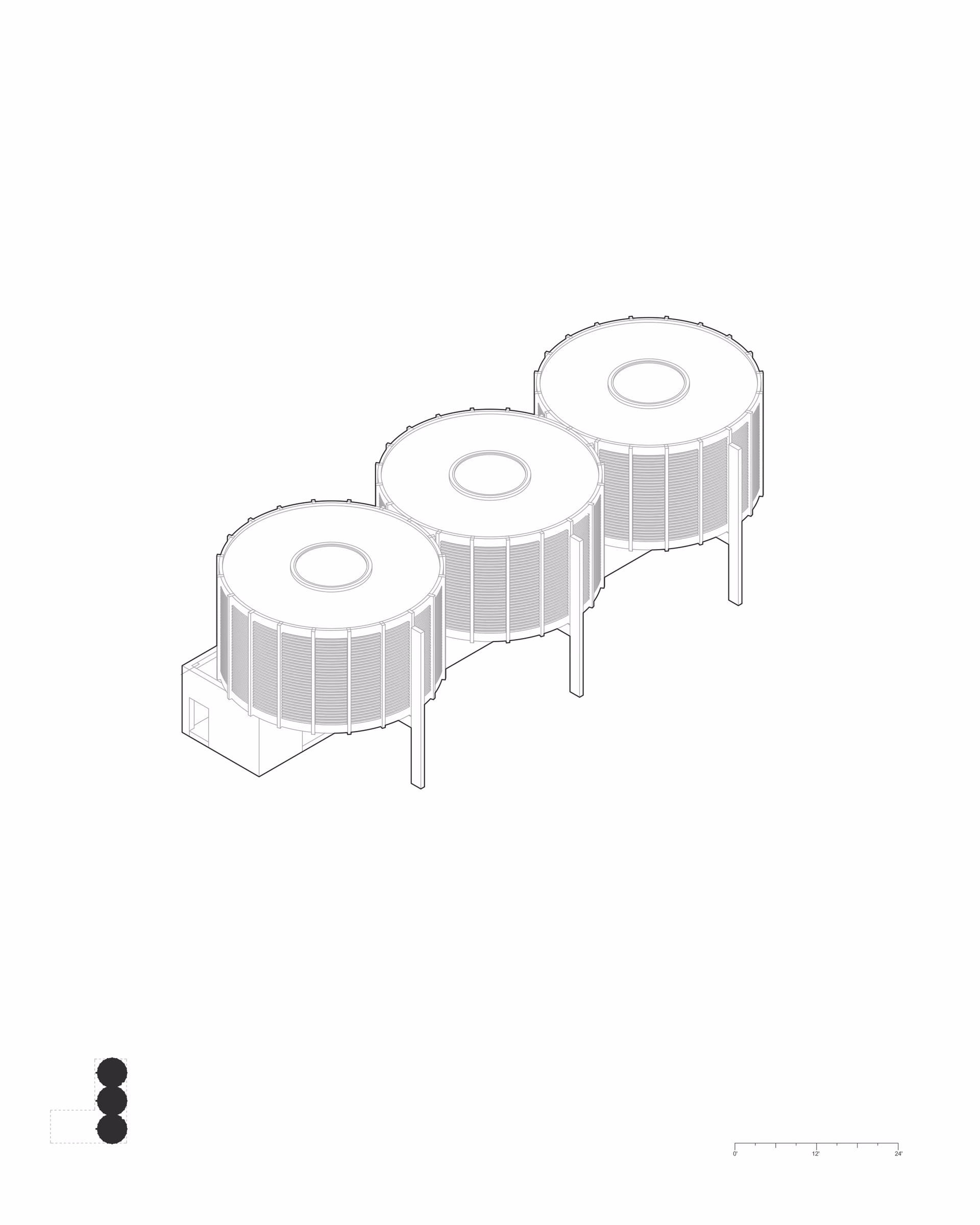 Isometric drawing of three cylindrical reading rooms above the East Boston Reading Room’s rectangular base.