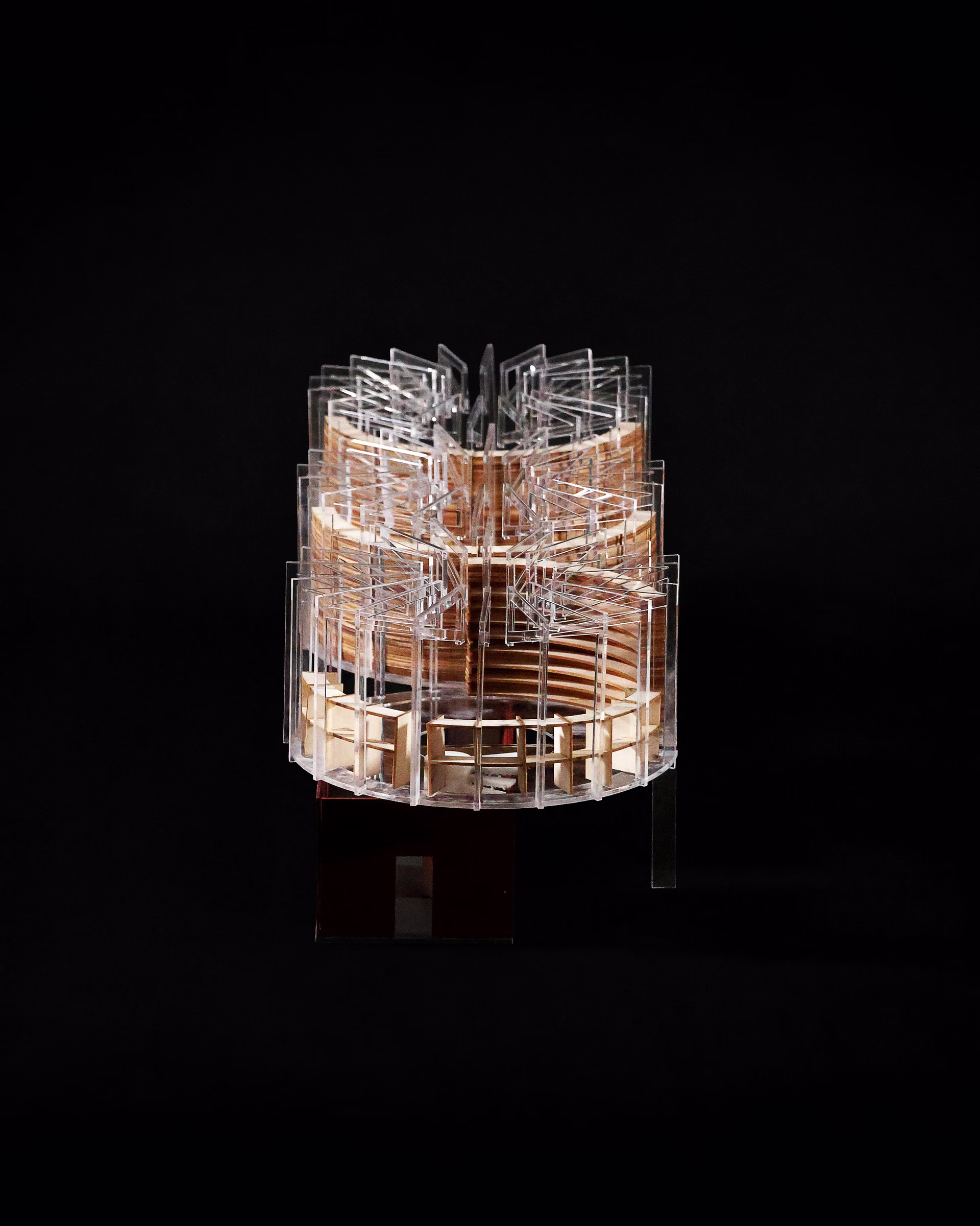 Close end view of the East Boston Reading Room model, showing the cylindrical timber frame and glazing.