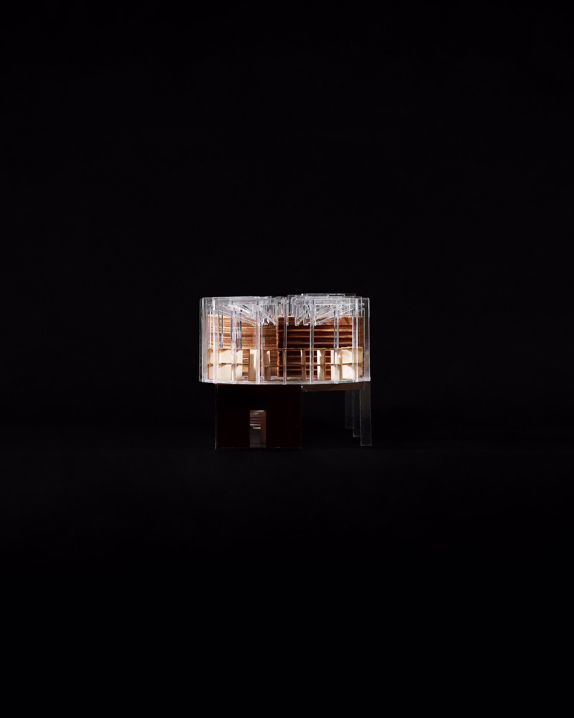 End elevation of the East Boston Reading Room model, showing a circular room above the rectangular base.