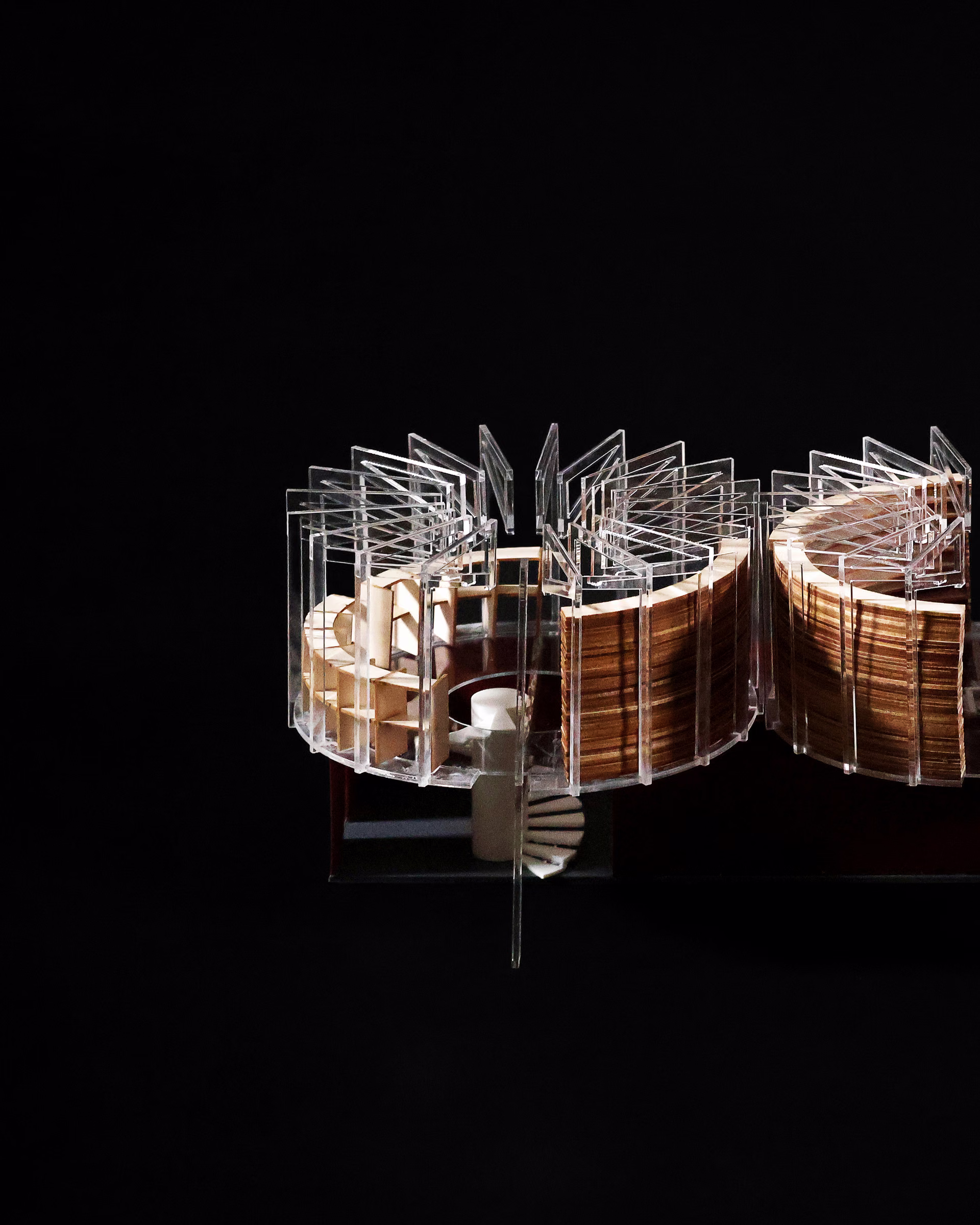 Oblique model detail of the East Boston Reading Room’s circular timber frames and glazed walls.