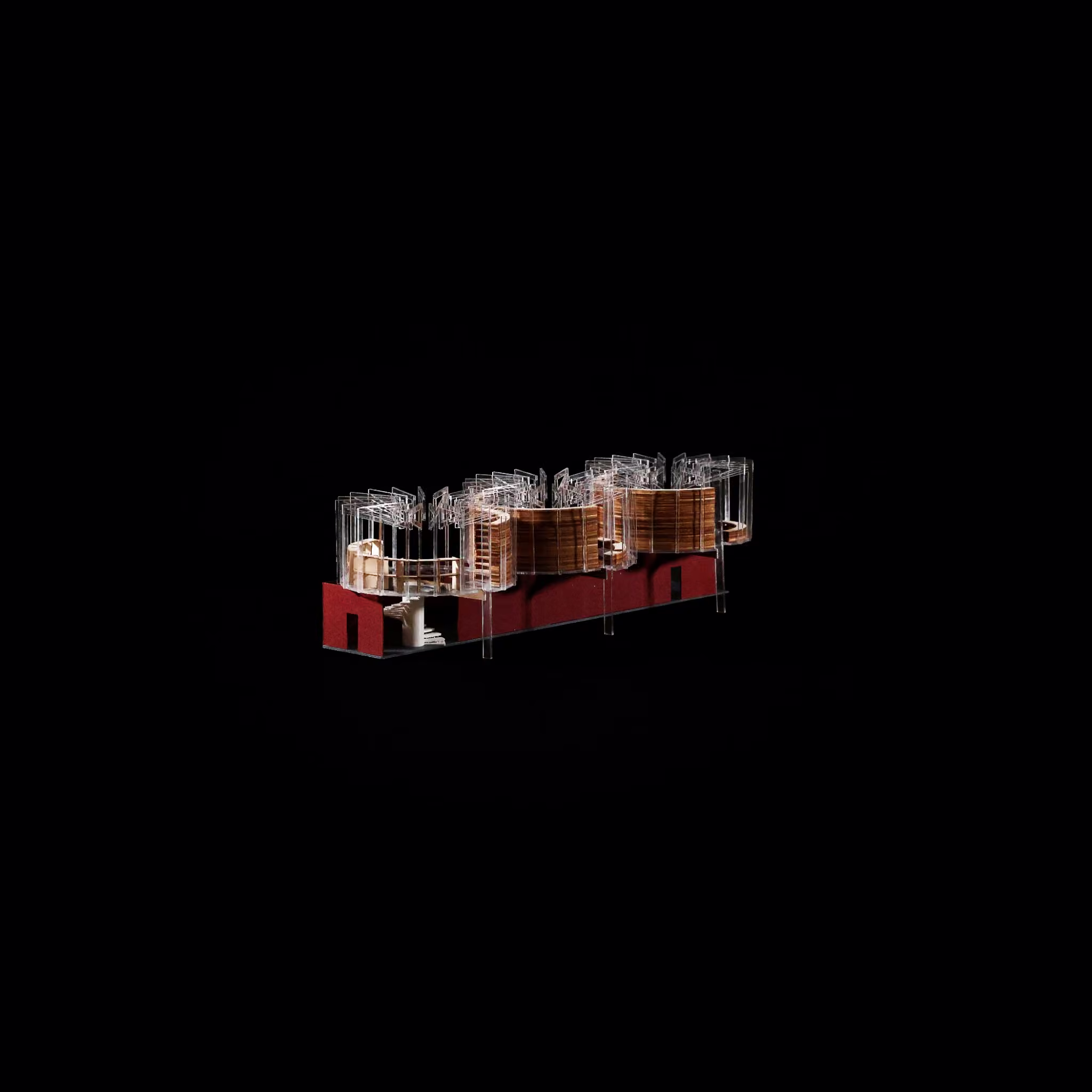 Long elevation of the East Boston Reading Room model, showing three timber-and-glass rooms above a brick base.