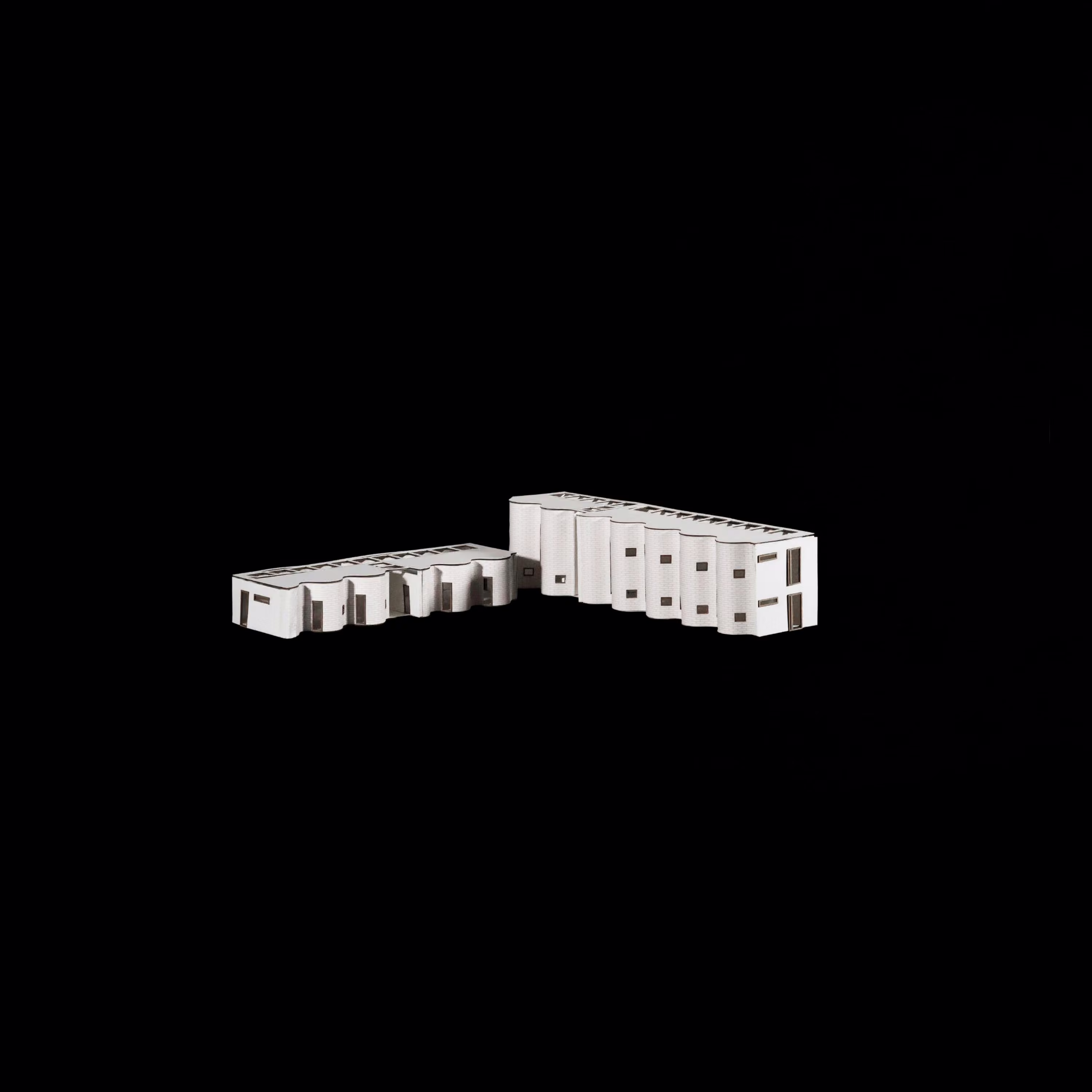 Overall perspective of Winborne Majette’s Access through Disruption model, showing an L-shaped composition of curved white walls.