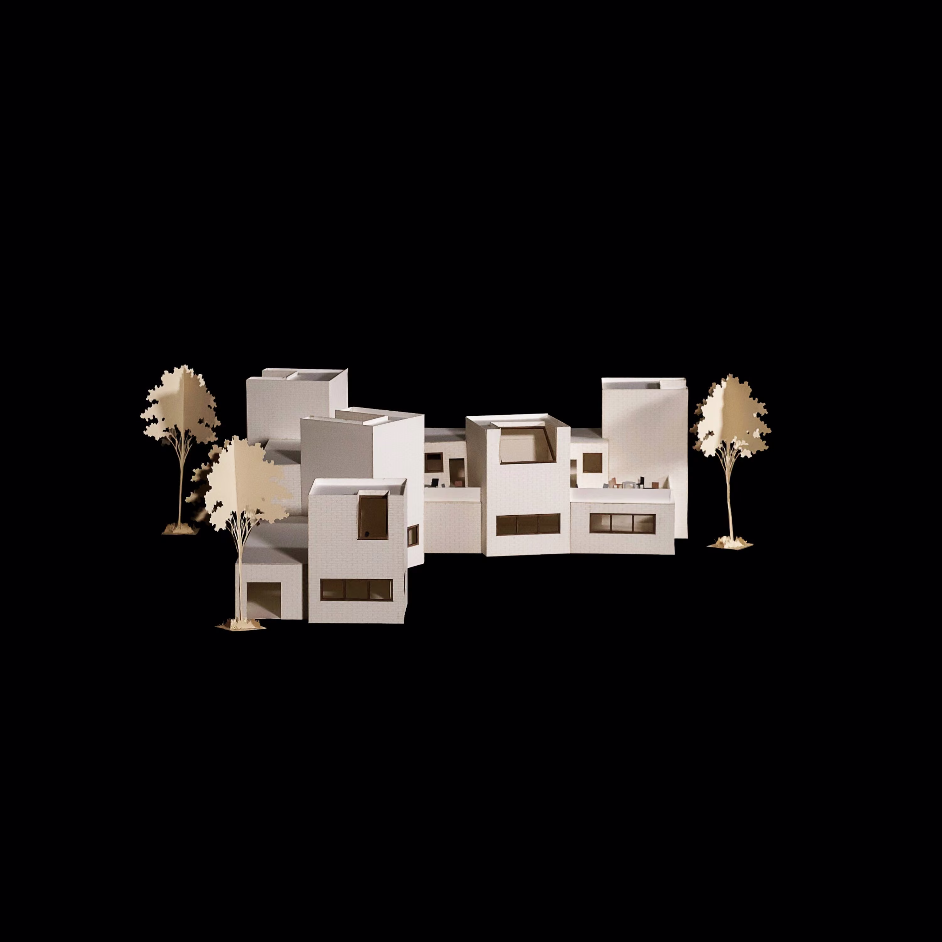 Wide northwest view of Skylar Kagan’s Sight Lines model, showing angled white towers, windows and trees.