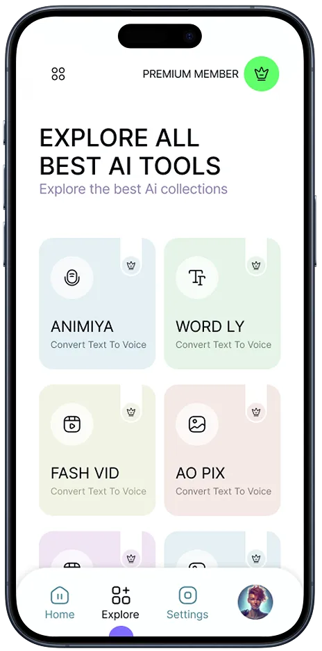 Smartphone screen showing an app interface titled 'Explore All Best AI Tools' with options for AI tools like Animiya, Word Ly, Fash Vid, and Ao Pix, all labeled 'Convert Text To Voice.' Navigation bar at bottom includes Home, Explore, and Settings icons.