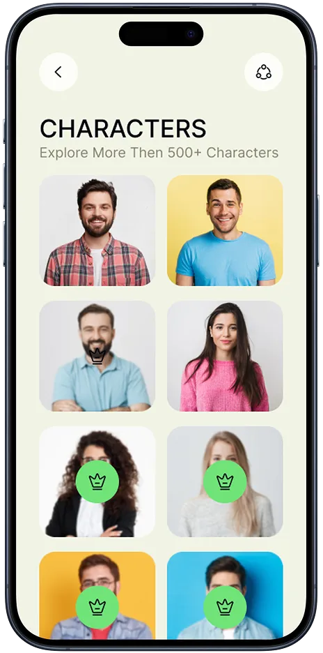 Mobile app screen titled Characters displaying a grid of eight portrait photos of diverse people, some covered with green crown icons indicating premium characters.