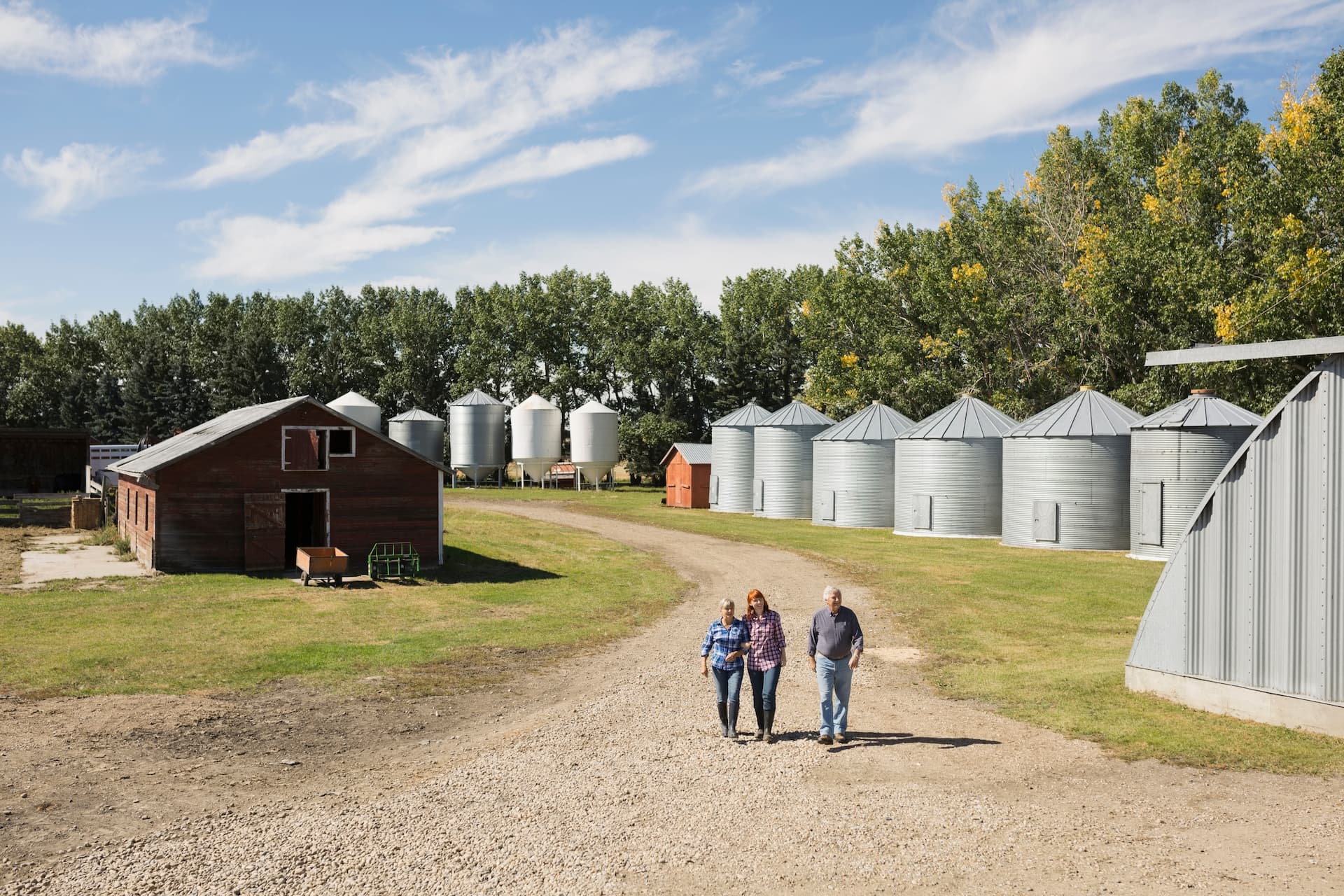 A couple of people walking down a dirt road at a farm.