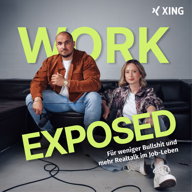 Two hosts sitting on a black couch holding microphones with text 'WORK EXPOSED' and subtitle in German about real talk in job life.