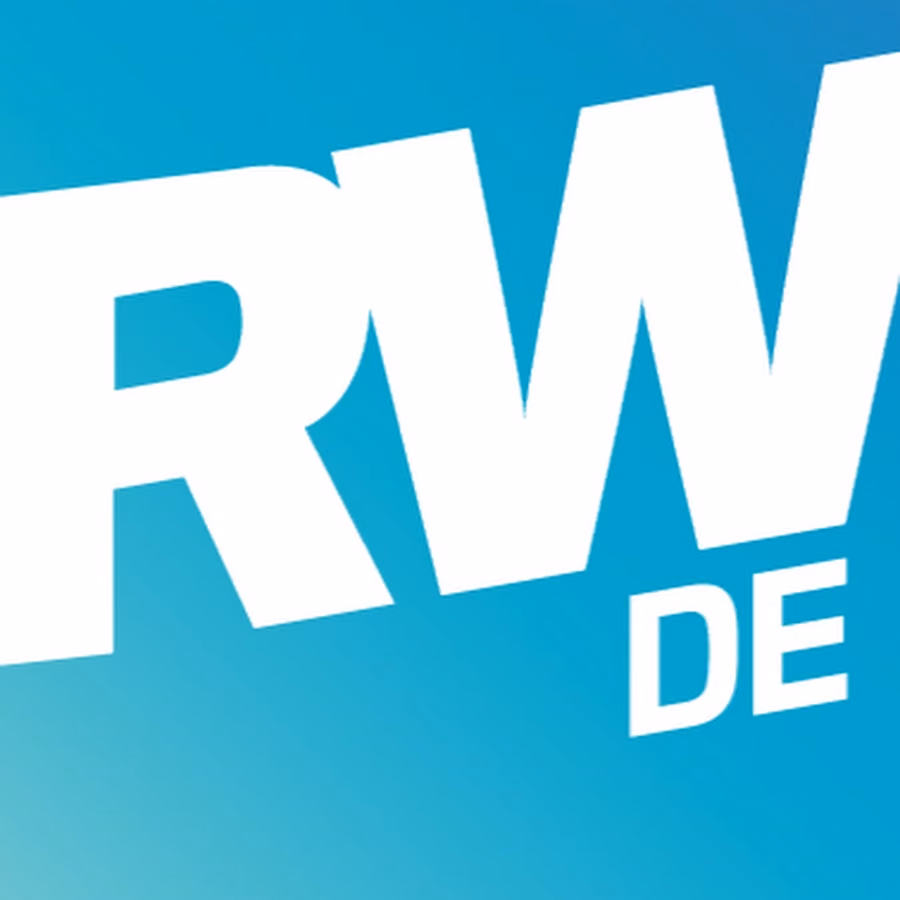 Partial close-up of bold white letters 'RW DE' on a blue gradient background.