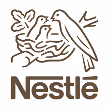 Nestlé-Logo mit einem Vogelweibchen, das zwei Küken in einem Nest füttert, mit einem Blatt darüber.