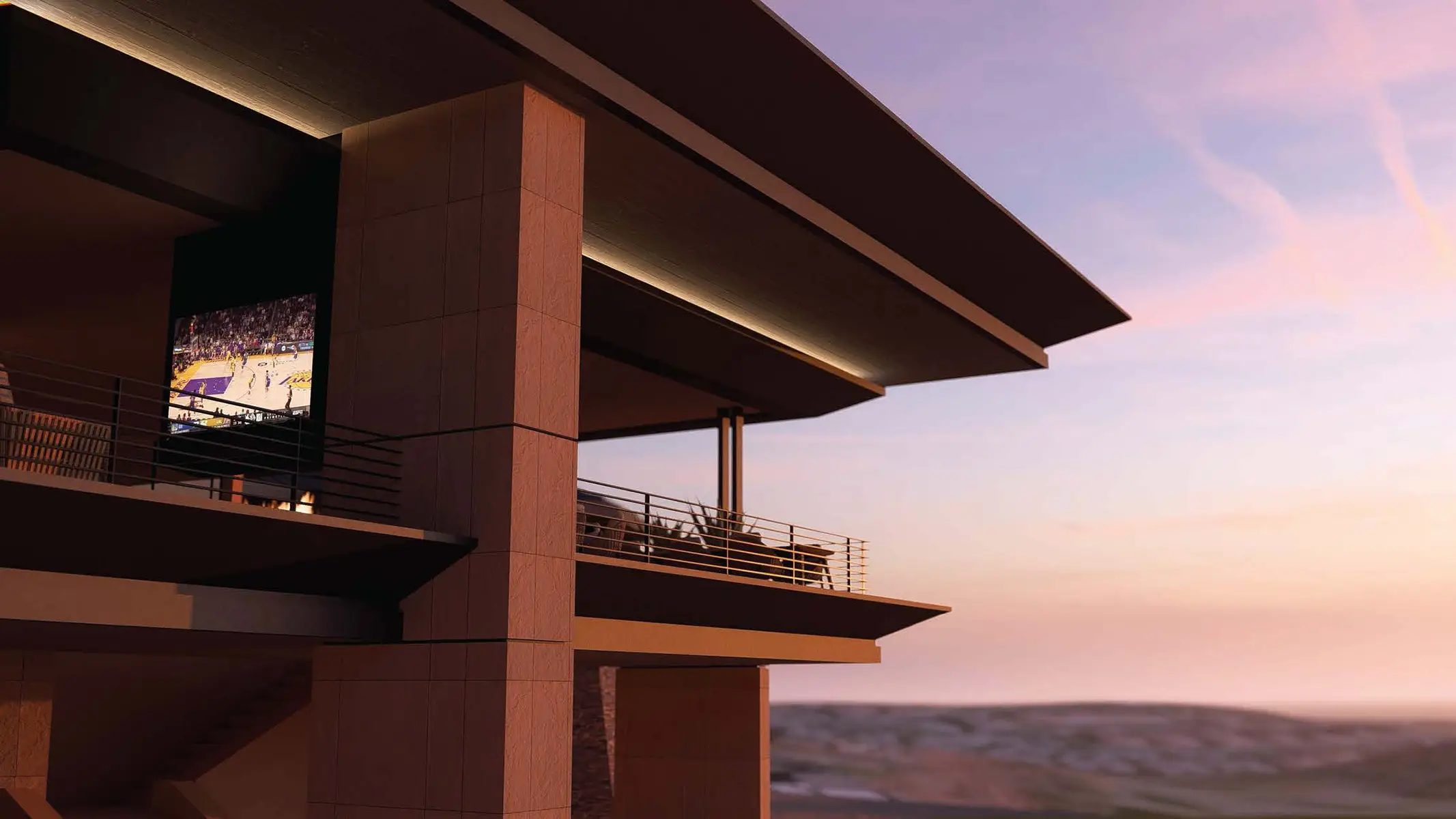 Modern home balcony at sunset with outdoor seating and a TV screen showing a basketball game.