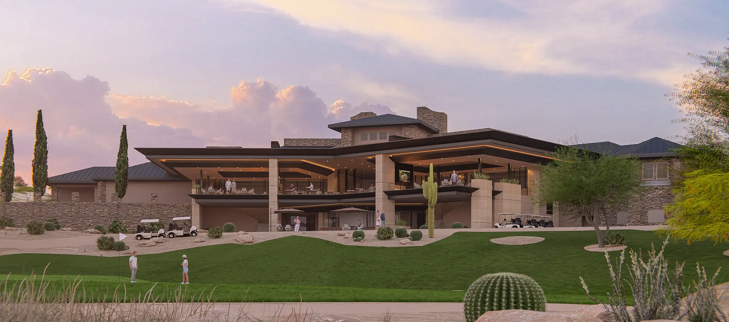 Modern clubhouse at a golf course with people, golf carts, cacti, and green fairways at sunset.