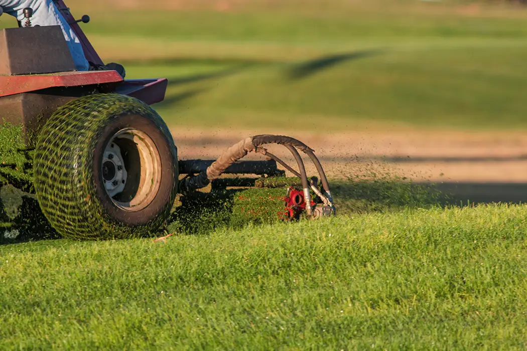 Close-up of a lawn mower's rear wheel cutting green grass outdoors.