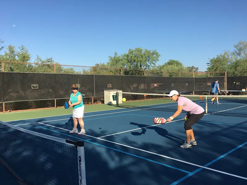 Two women playing pickleball on a blue court on a sunny day with trees and fence in the background.