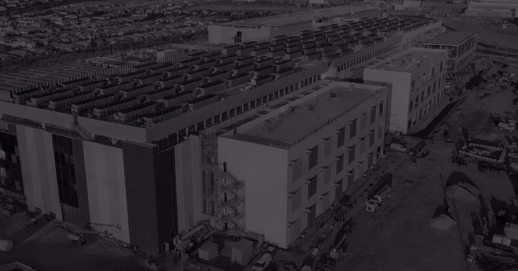 Aerial view of a large data center campus under construction