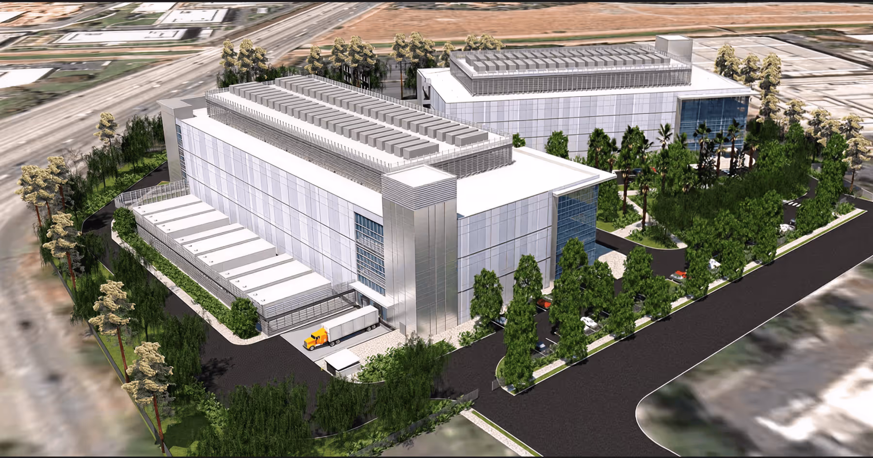 Aerial rendering of a data center campus with surrounding buildings and parking