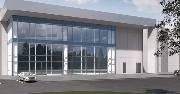 Architectural rendering of a data center building facade with large glass windows